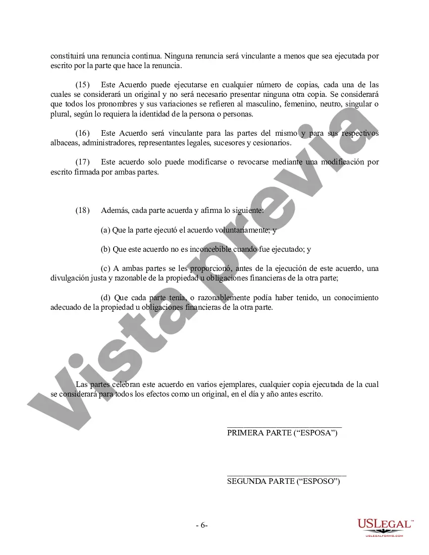 Preview Acuerdo prematrimonial prenupcial de Texas sin estados financieros