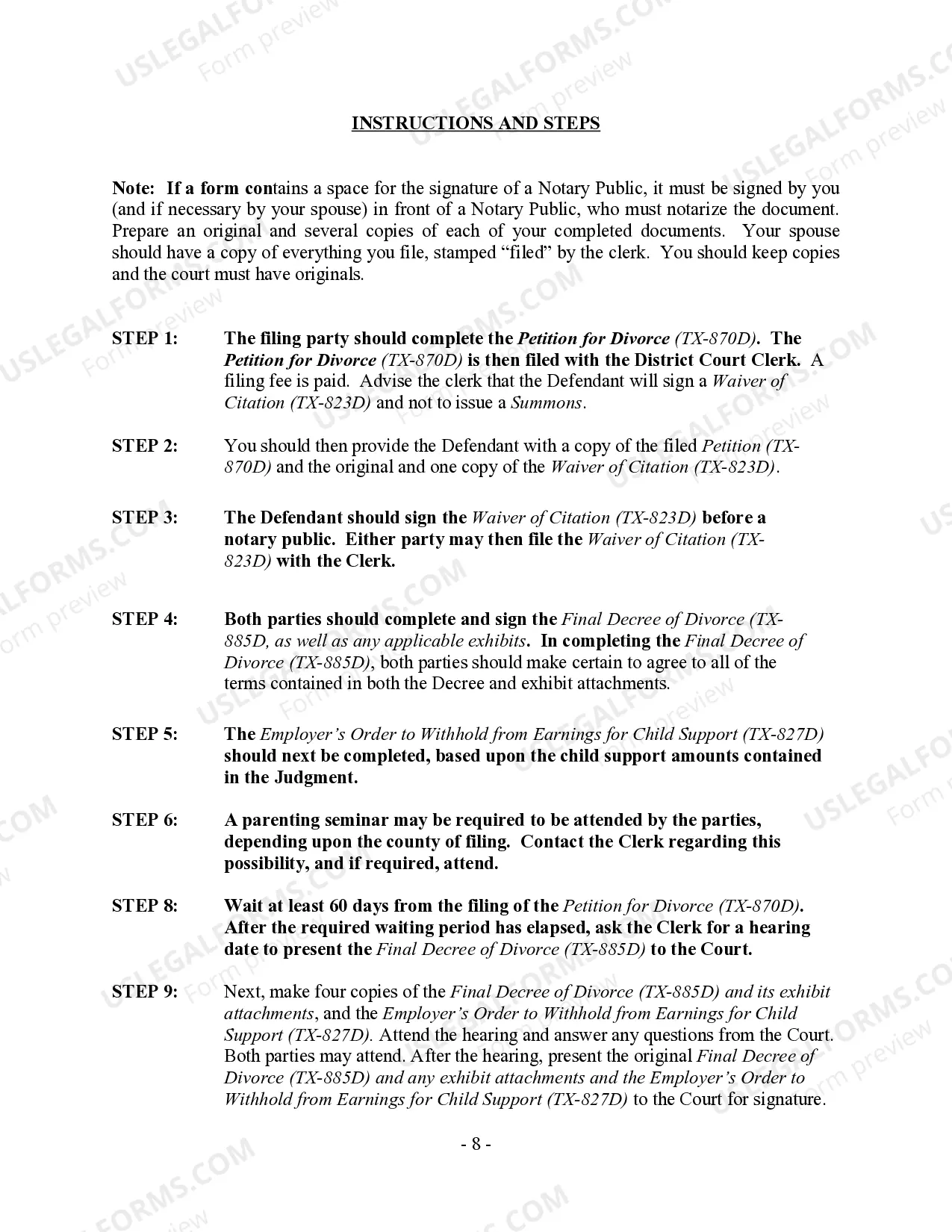 Preview Texas No-Fault Agreed Uncontested Divorce Package for Dissolution of Marriage for people with Minor Children