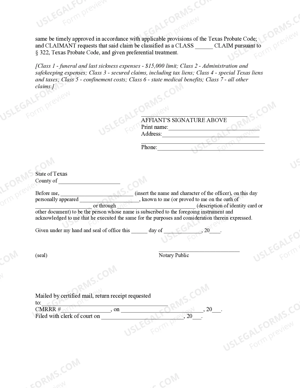 Preview Sworn Statement Supporting Claim Against Estate