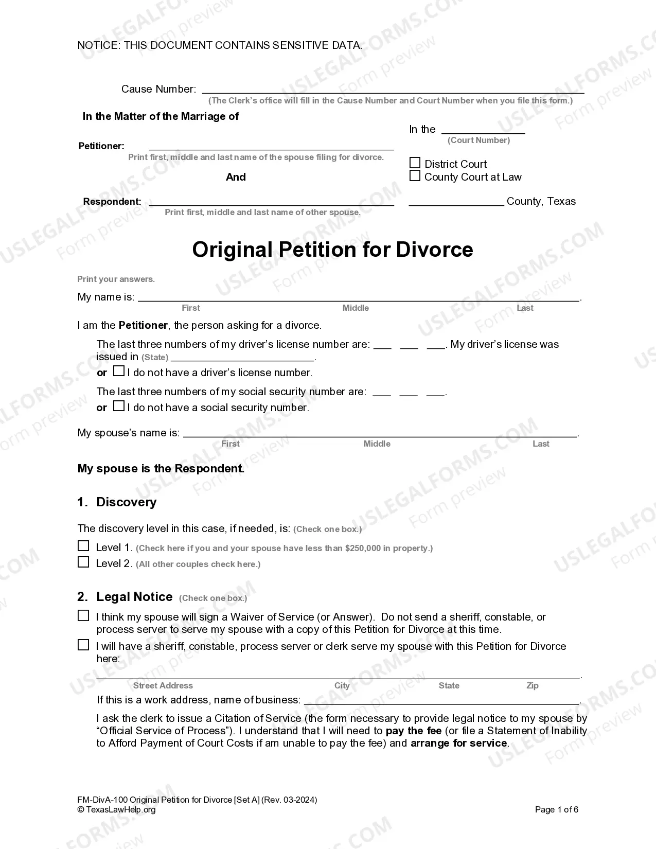 Preview Texas No-Fault Agreed Uncontested Divorce Package for Dissolution of Marriage for Persons with No Children with or without Property and Debts
