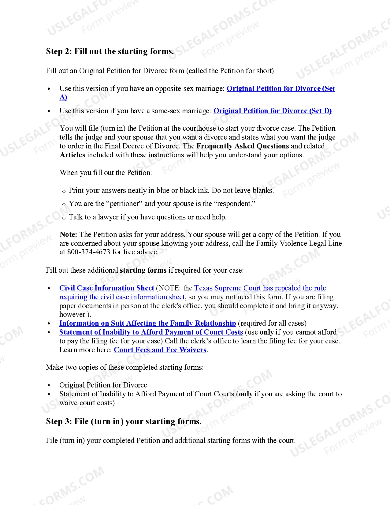 Preview Texas No-Fault Agreed Uncontested Divorce Package for Dissolution of Marriage for Persons with No Children with or without Property and Debts