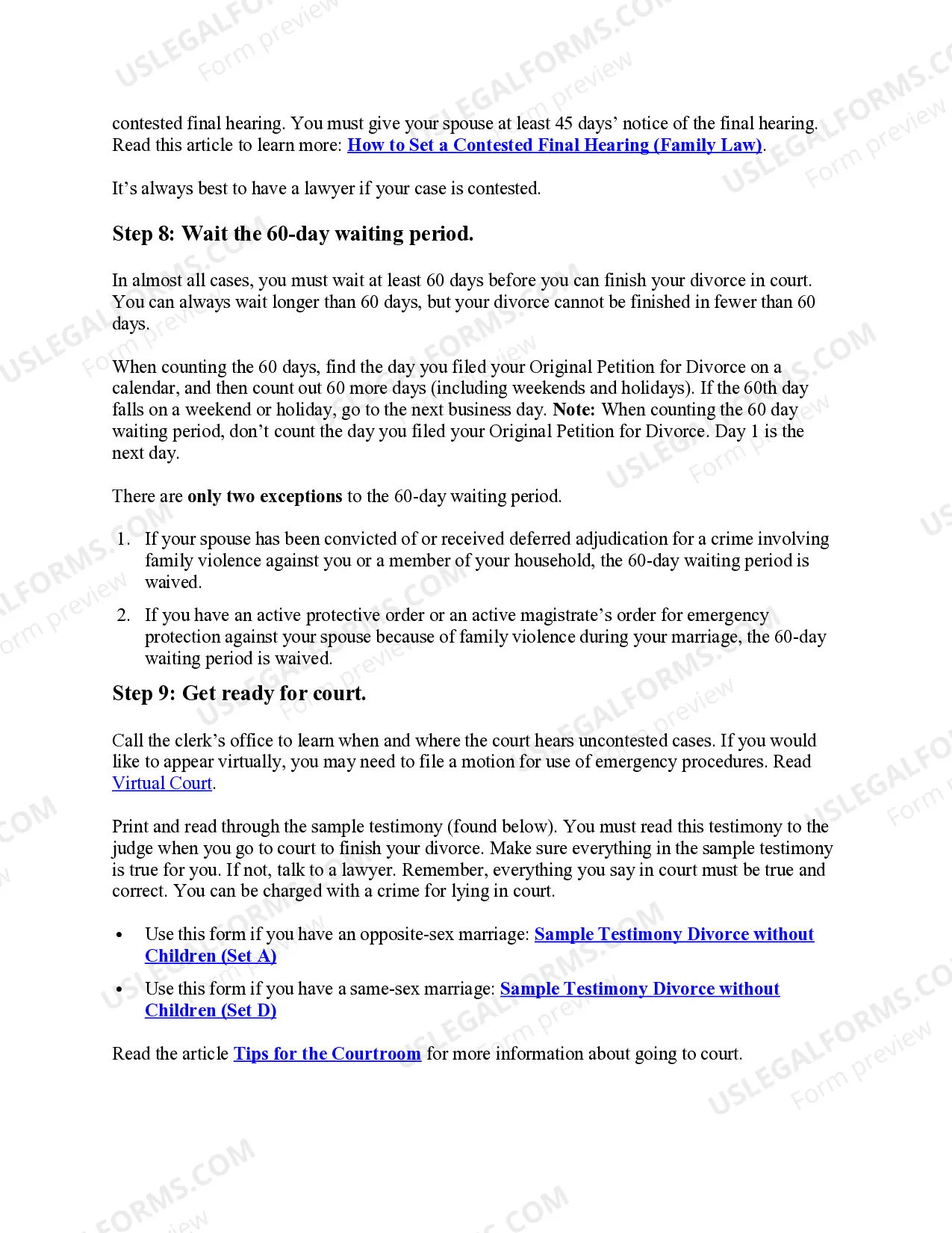 Preview Texas No-Fault Agreed Uncontested Divorce Package for Dissolution of Marriage for Persons with No Children with or without Property and Debts