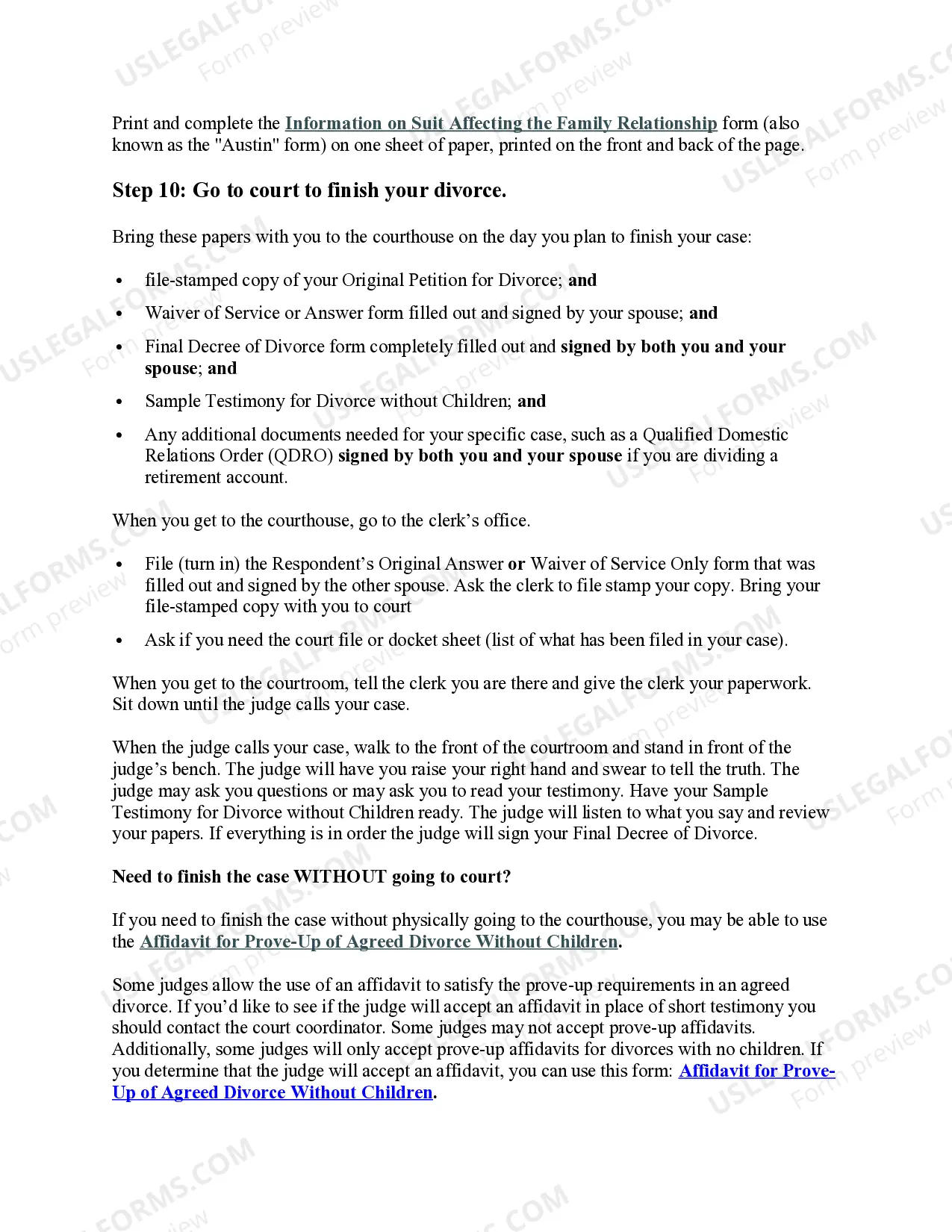 Preview Texas No-Fault Agreed Uncontested Divorce Package for Dissolution of Marriage for Persons with No Children with or without Property and Debts