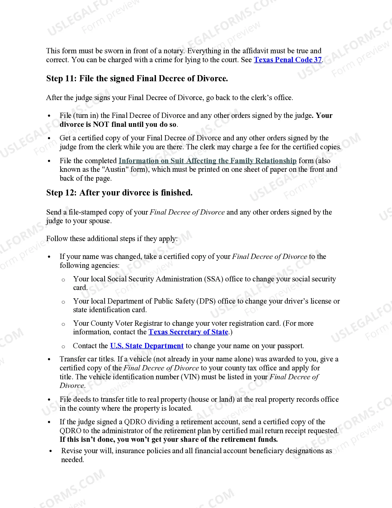 Preview Texas No-Fault Agreed Uncontested Divorce Package for Dissolution of Marriage for Persons with No Children with or without Property and Debts