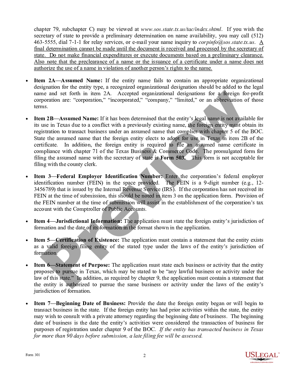 page 1 Texas Registration of Foreign Corporation preview