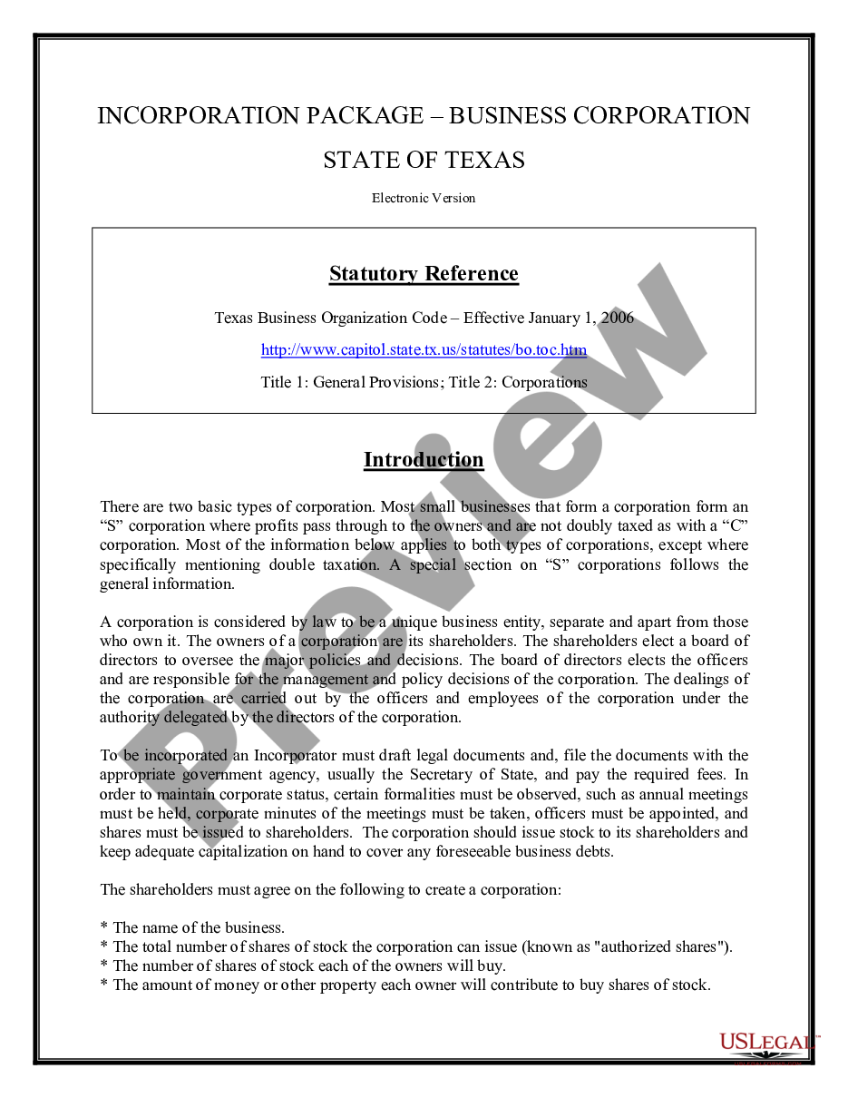 form Texas Business Incorporation Package to Incorporate Corporation preview