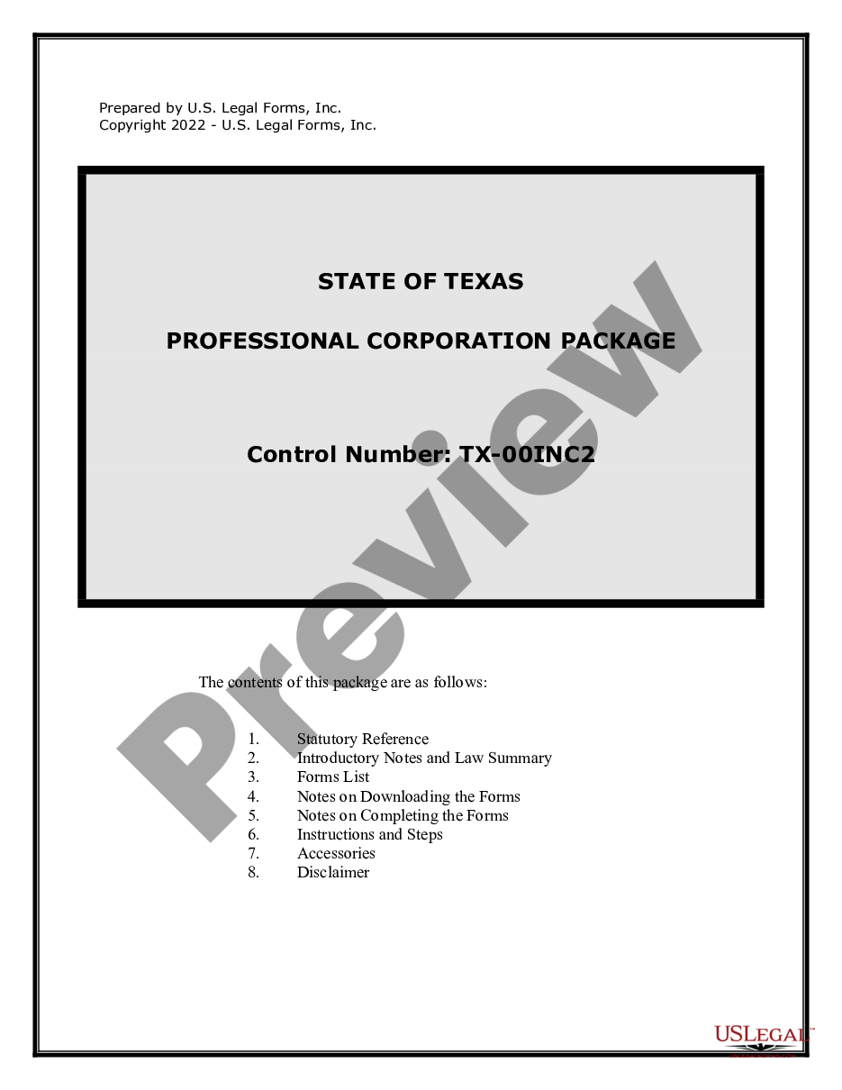 page 0 Professional Corporation Package for Texas preview