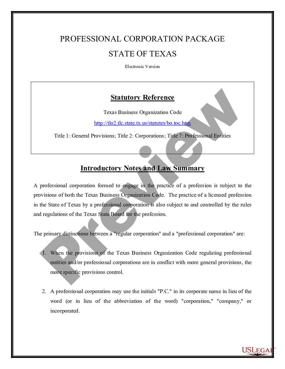 page 1 Professional Corporation Package for Texas preview