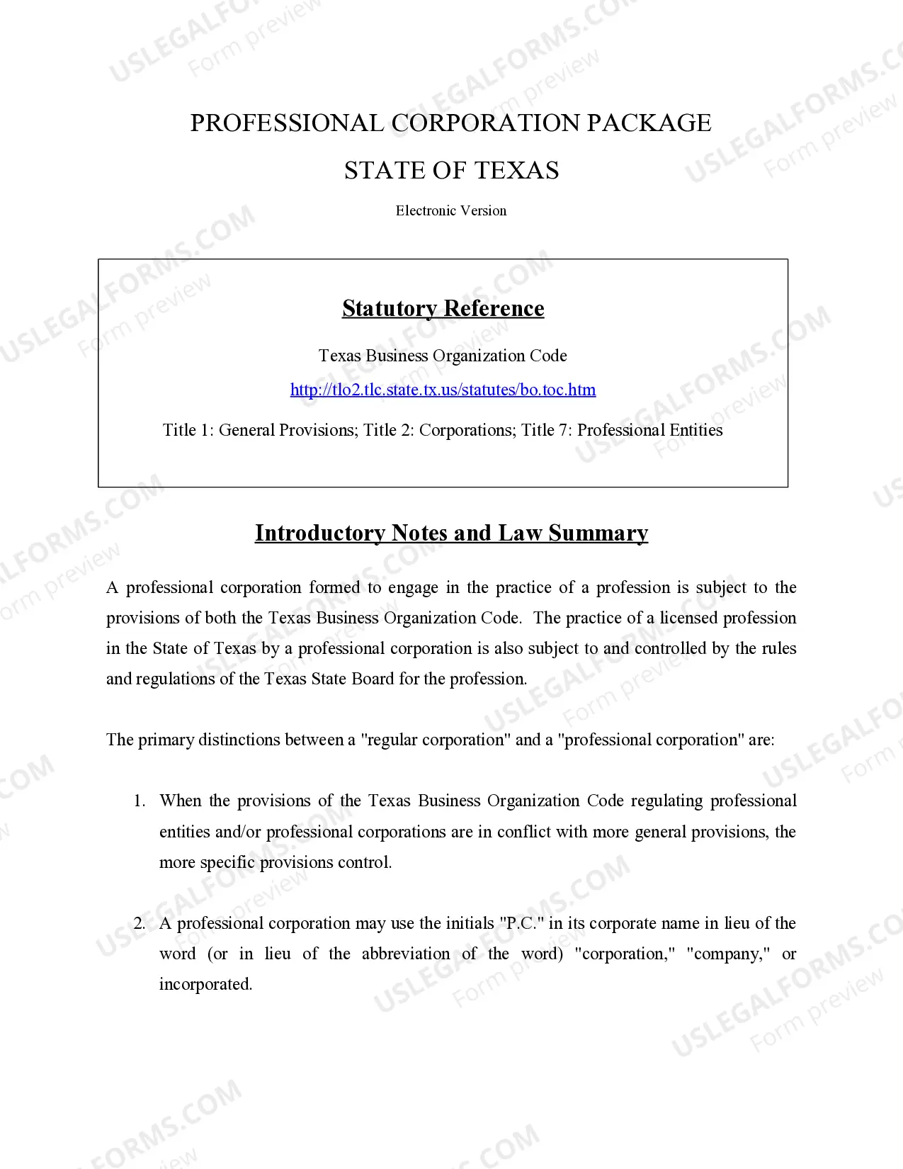 Preview Professional Corporation Package for Texas