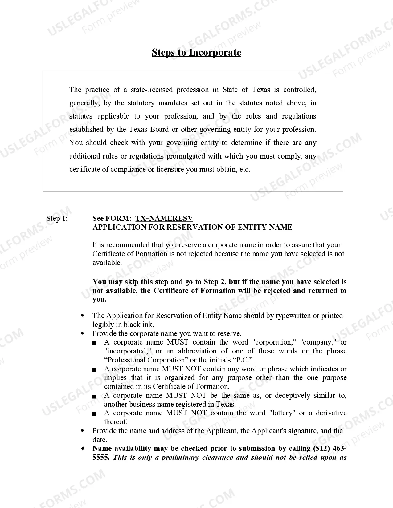 Preview Professional Corporation Package for Texas