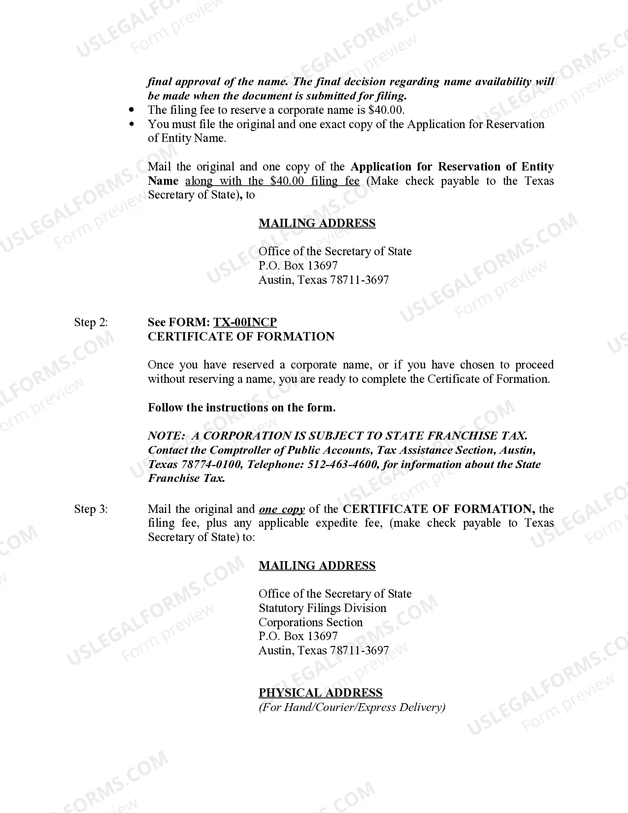 Preview Professional Corporation Package for Texas