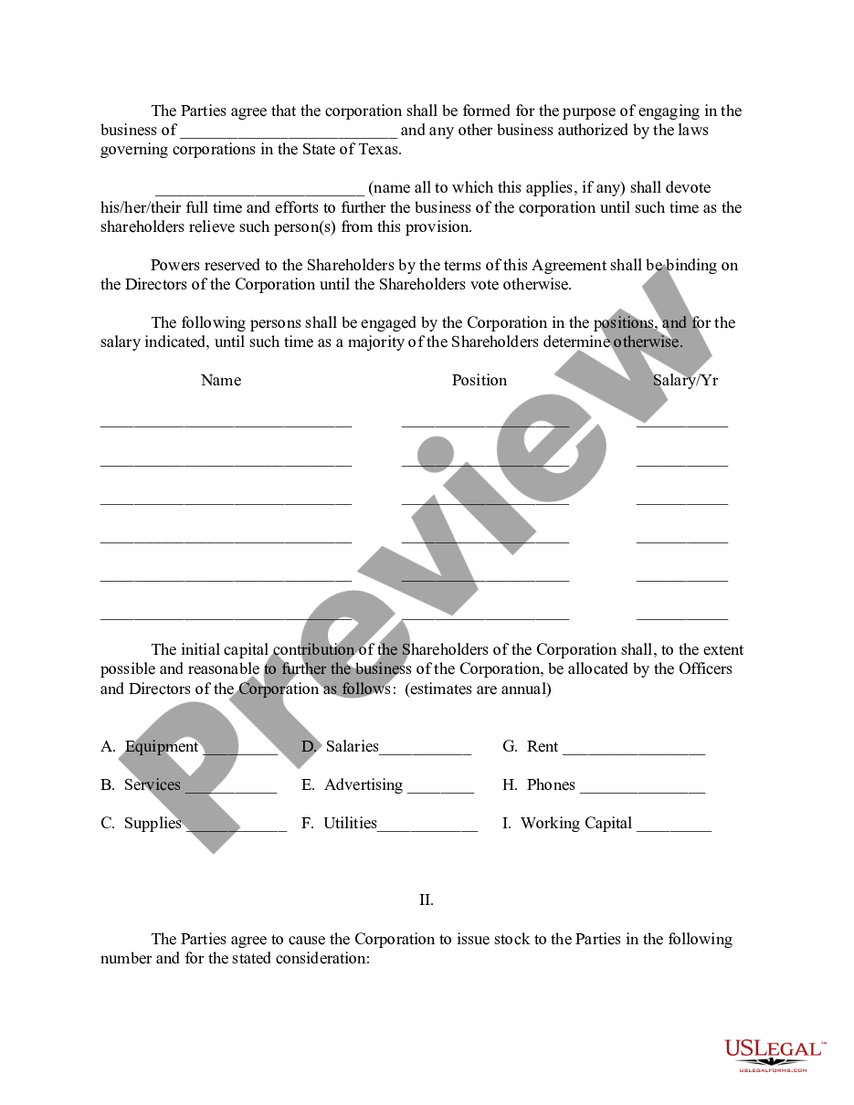 page 1 Texas Pre-Incorporation Agreement, Shareholders Agreement and Confidentiality Agreement preview