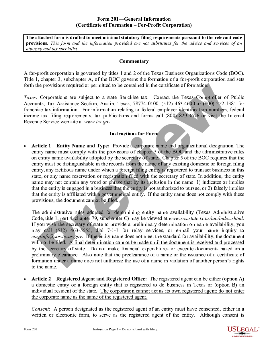 page 0 Texas Articles of Incorporation for Domestic For-Profit Corporation preview