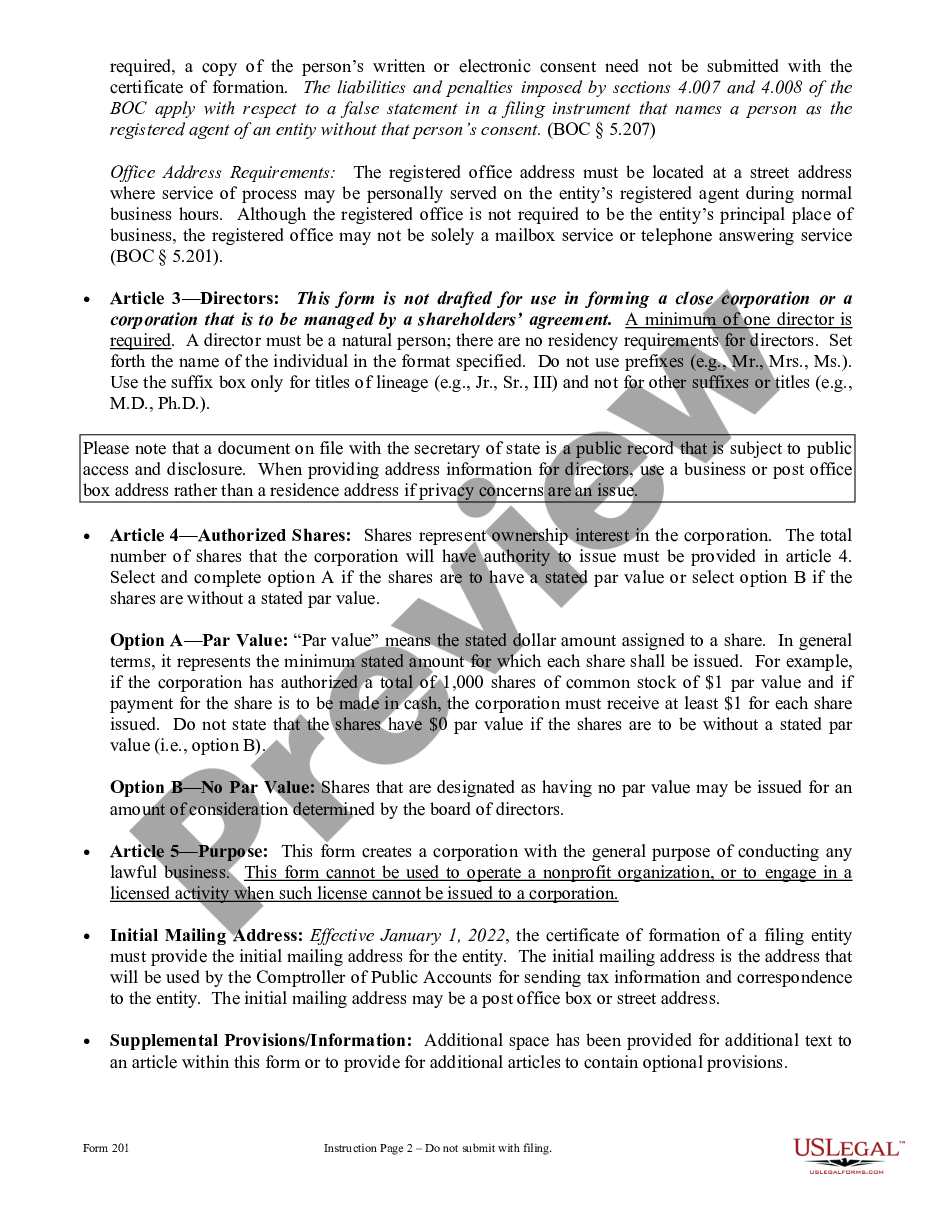 page 1 Texas Articles of Incorporation for Domestic For-Profit Corporation preview