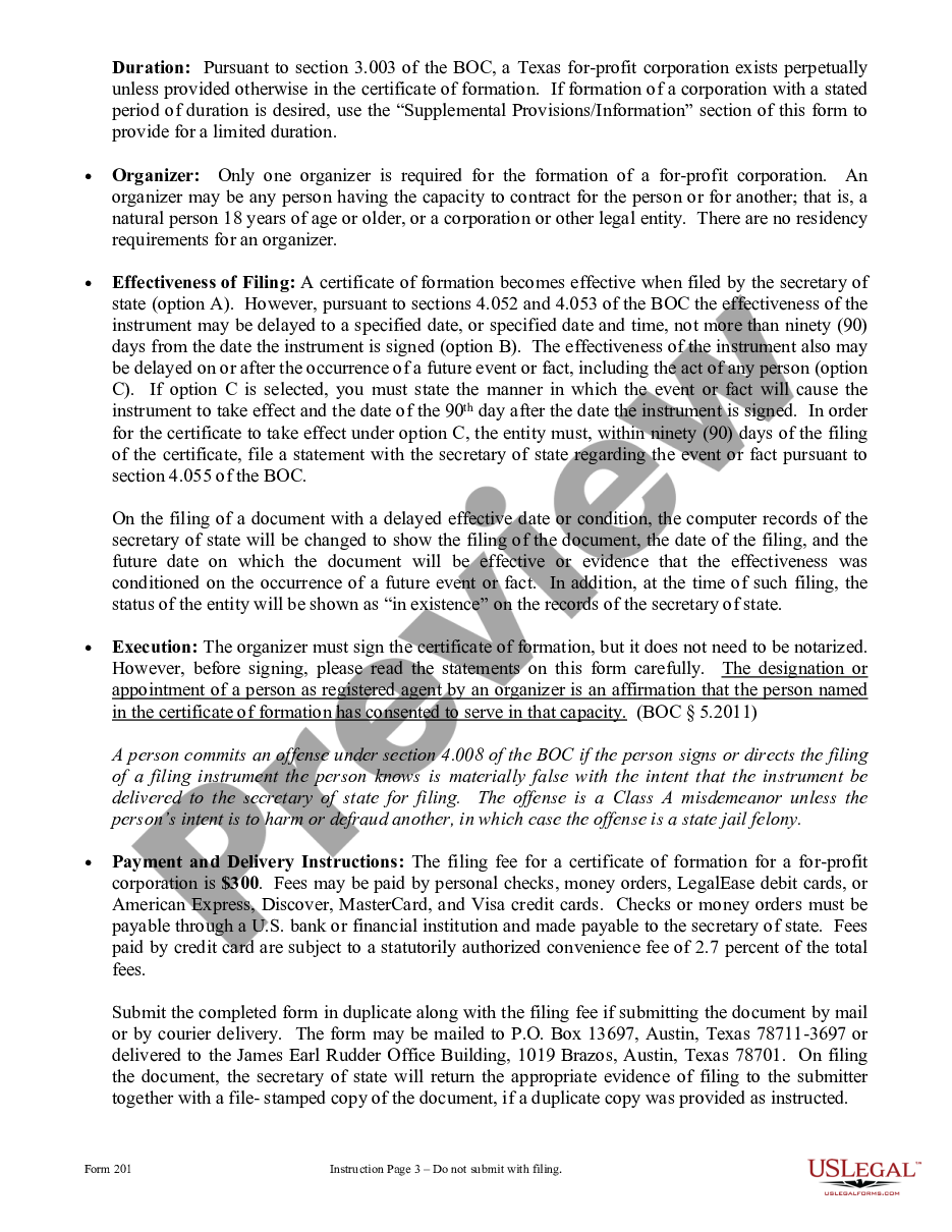 page 2 Texas Articles of Incorporation for Domestic For-Profit Corporation preview