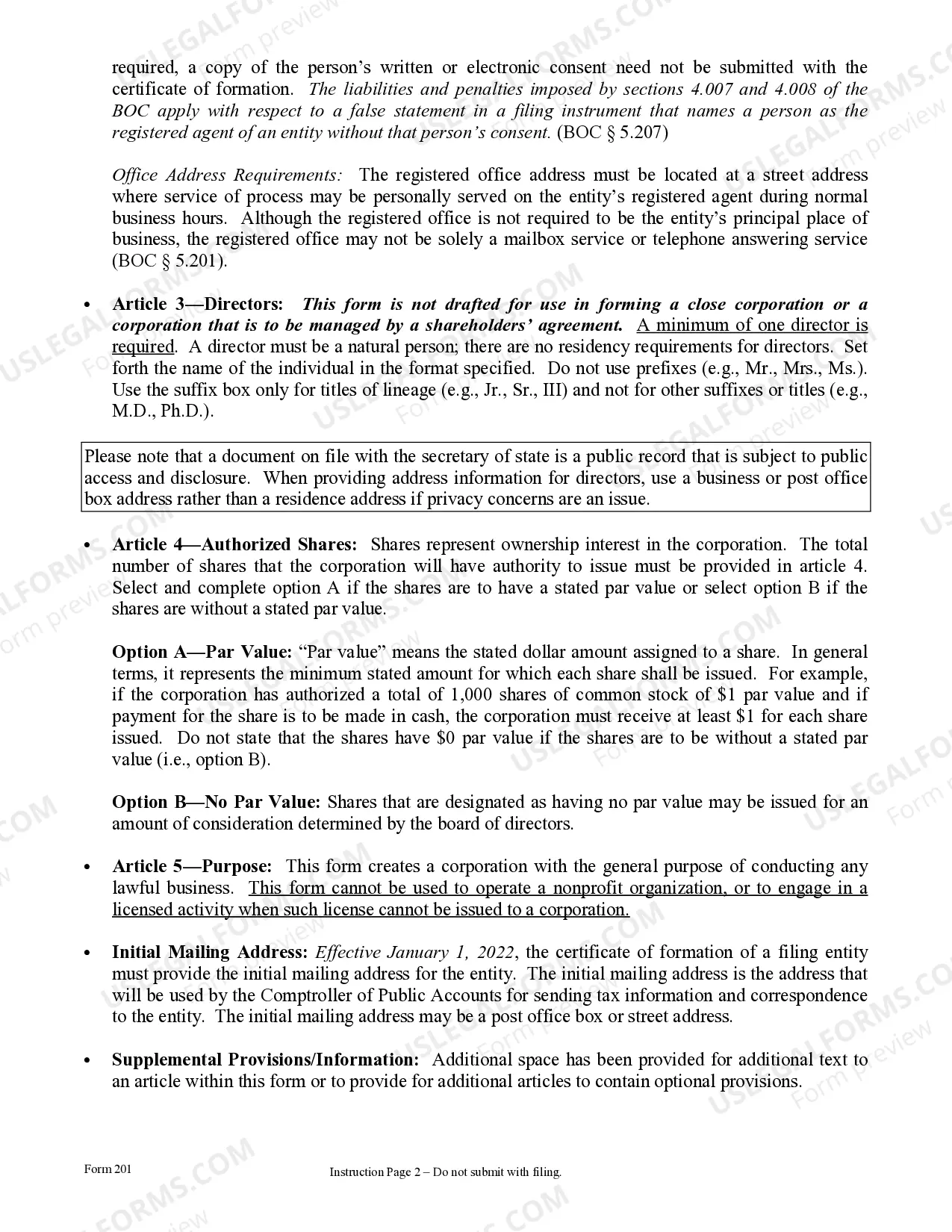 Preview Texas Articles of Incorporation for Domestic For-Profit Corporation
