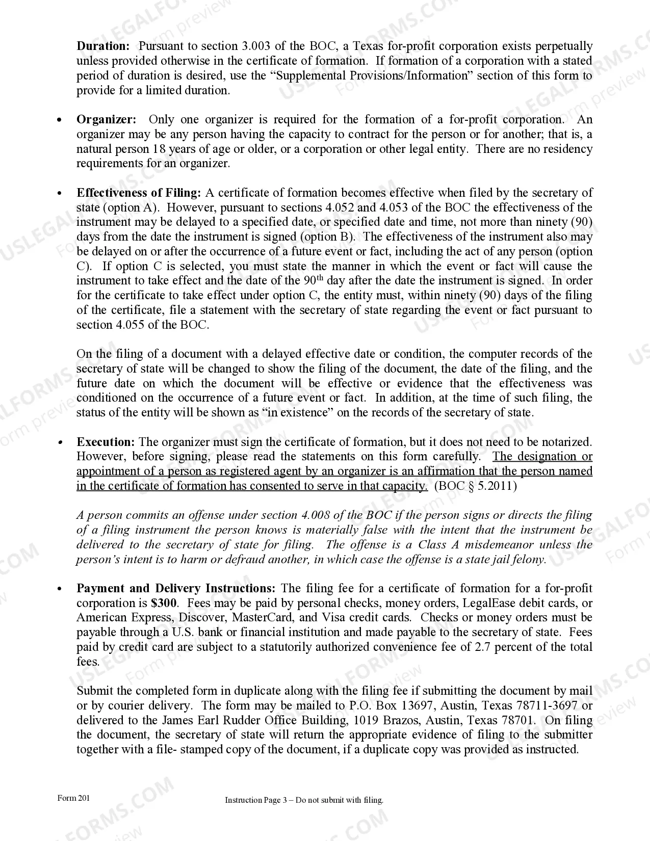 Preview Texas Articles of Incorporation for Domestic For-Profit Corporation