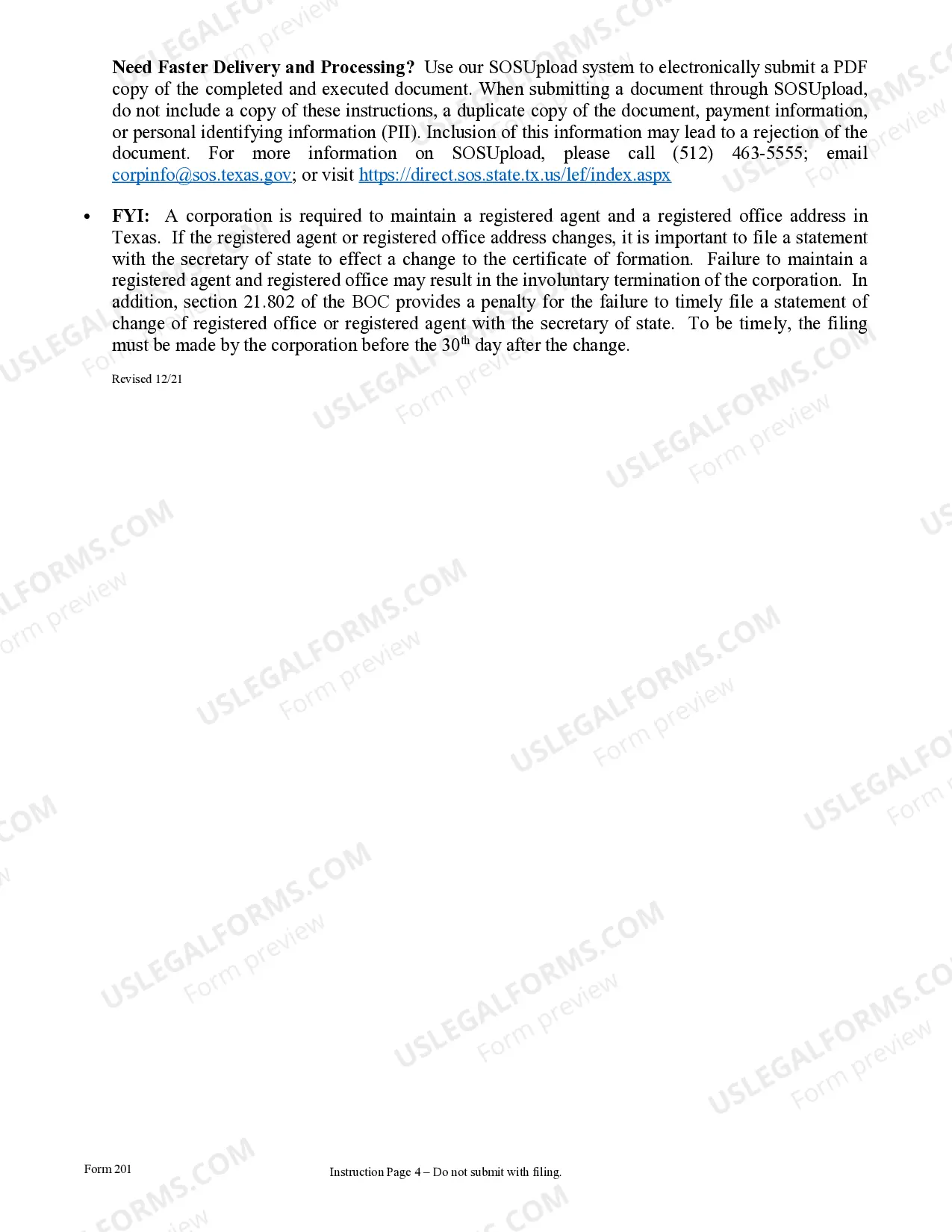 Preview Texas Articles of Incorporation for Domestic For-Profit Corporation