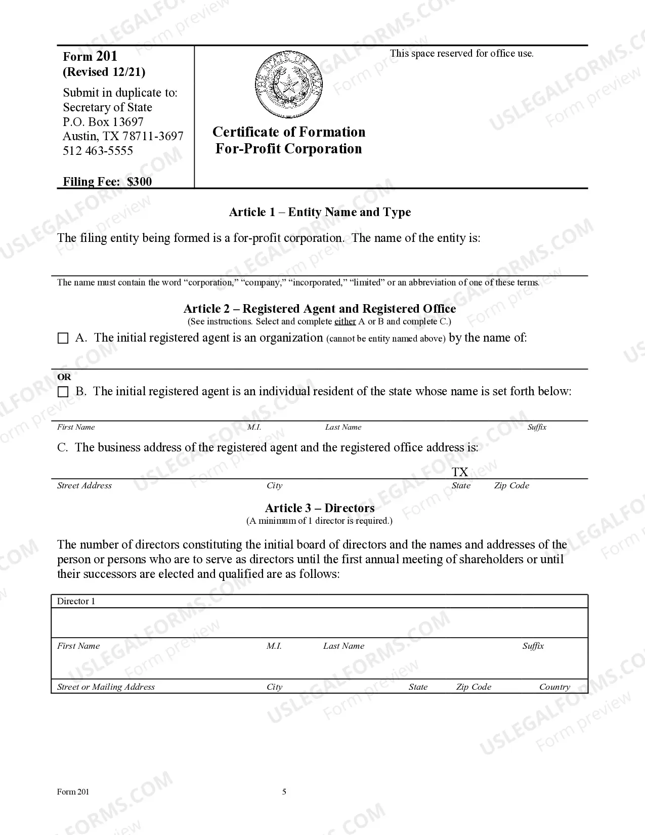 Preview Texas Articles of Incorporation for Domestic For-Profit Corporation