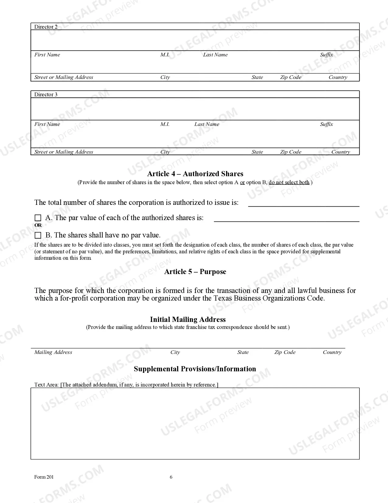Preview Texas Articles of Incorporation for Domestic For-Profit Corporation