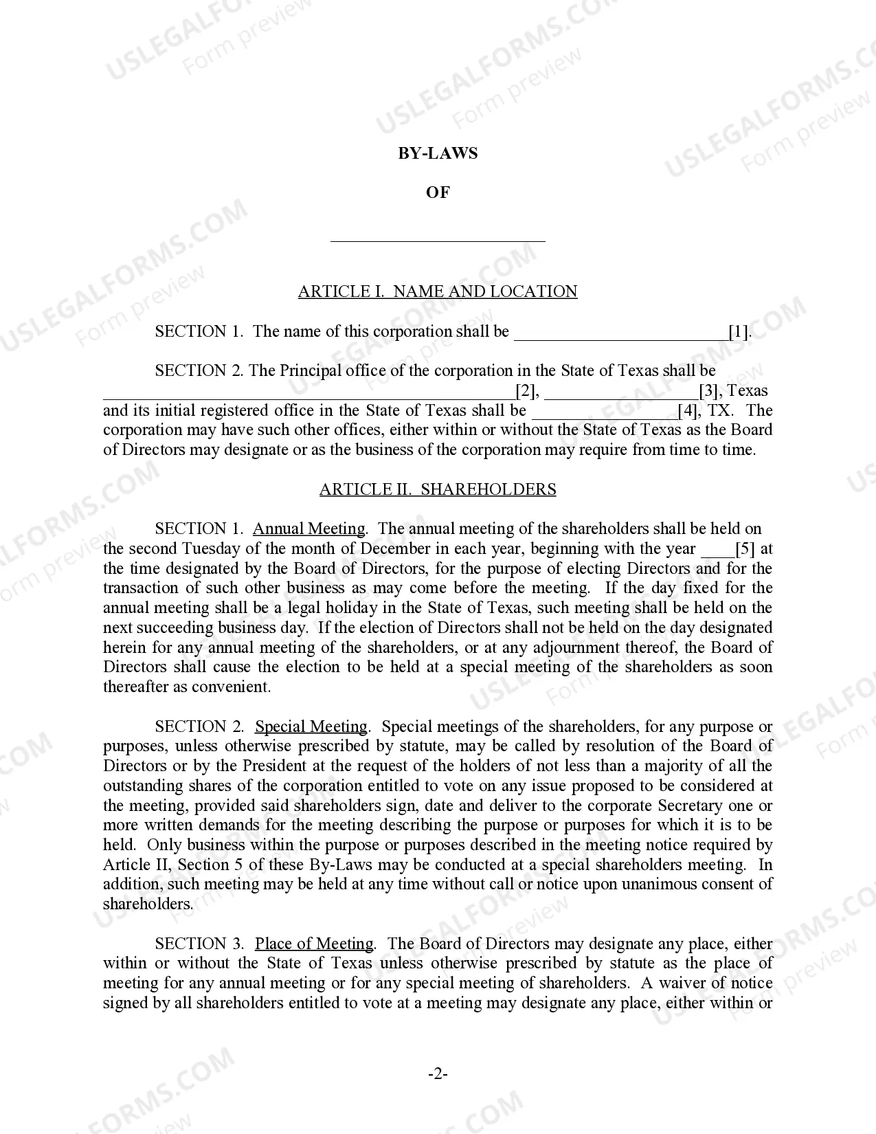 Preview Texas Bylaws for Corporation