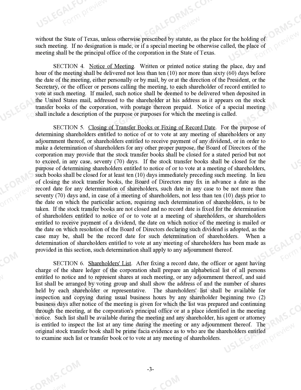 Preview Texas Bylaws for Corporation