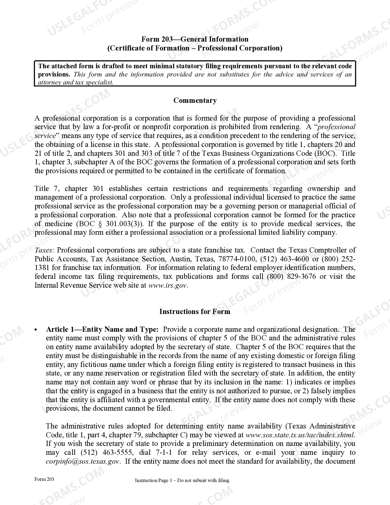 Texas Articles of Incorporation for Professional Corporation Articles