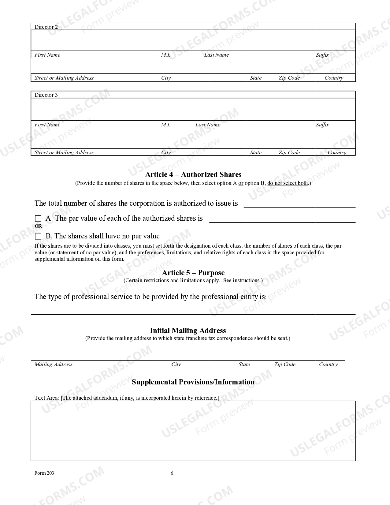 Texas Articles of Incorporation for Professional Corporation Articles