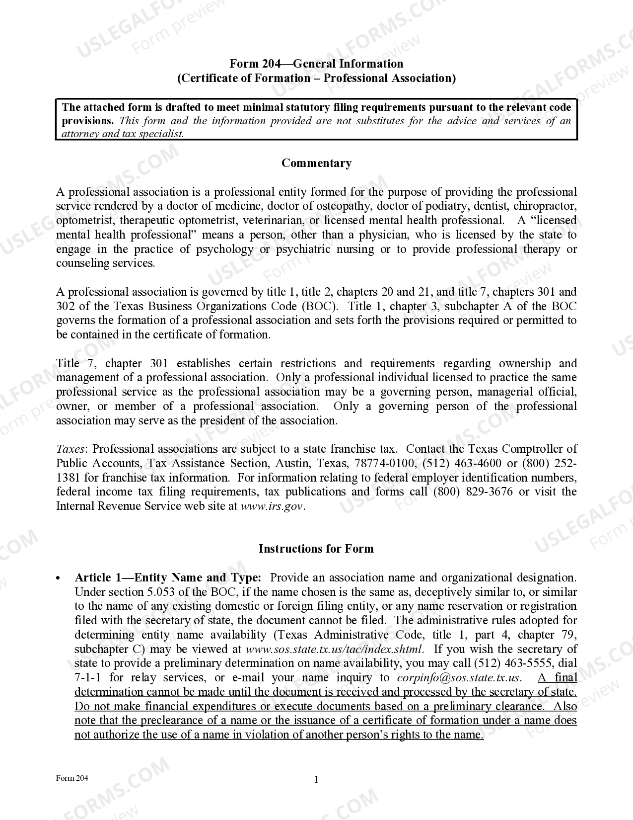 College Station Texas Articles of Incorporation for Professional