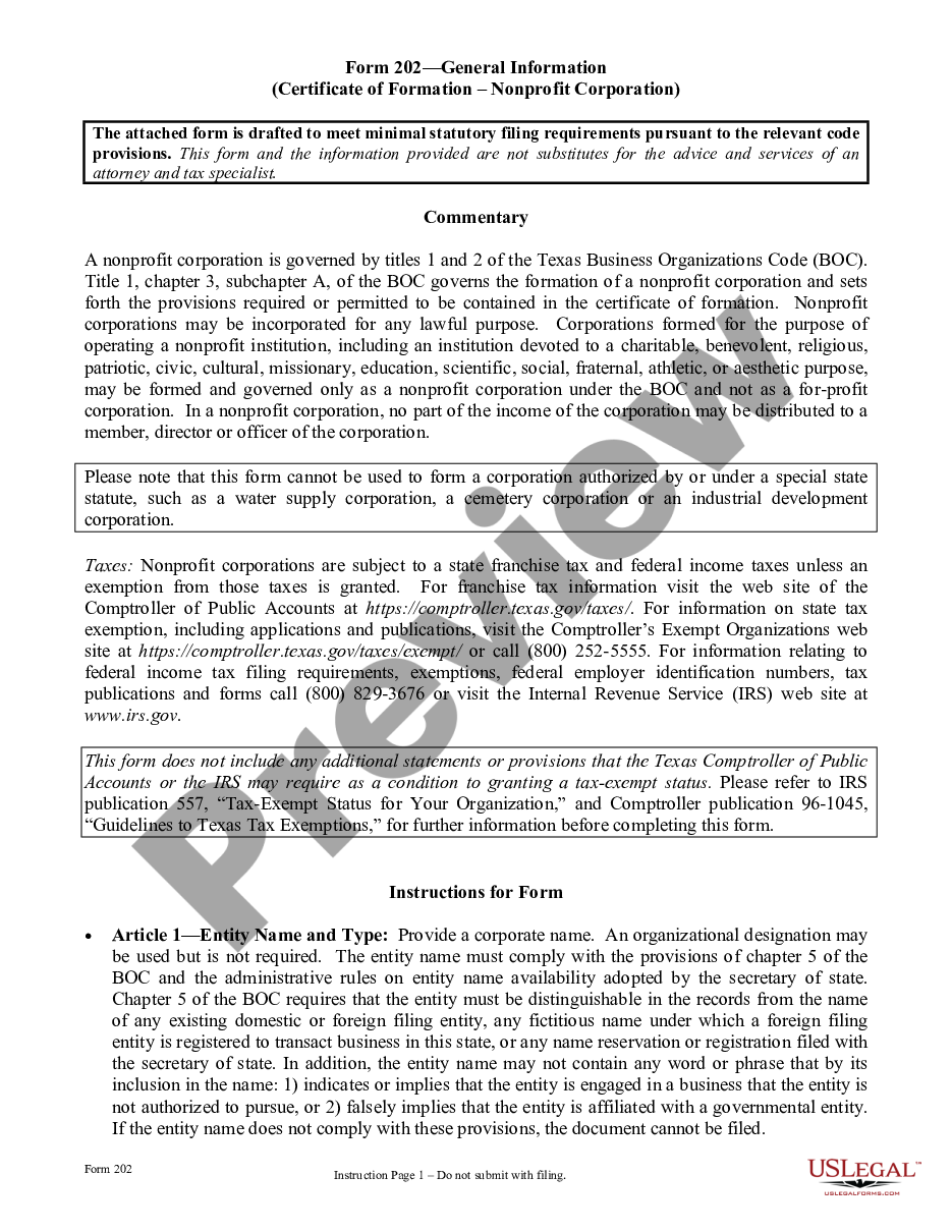page 0 Texas Articles of Incorporation for Domestic Nonprofit Corporation preview