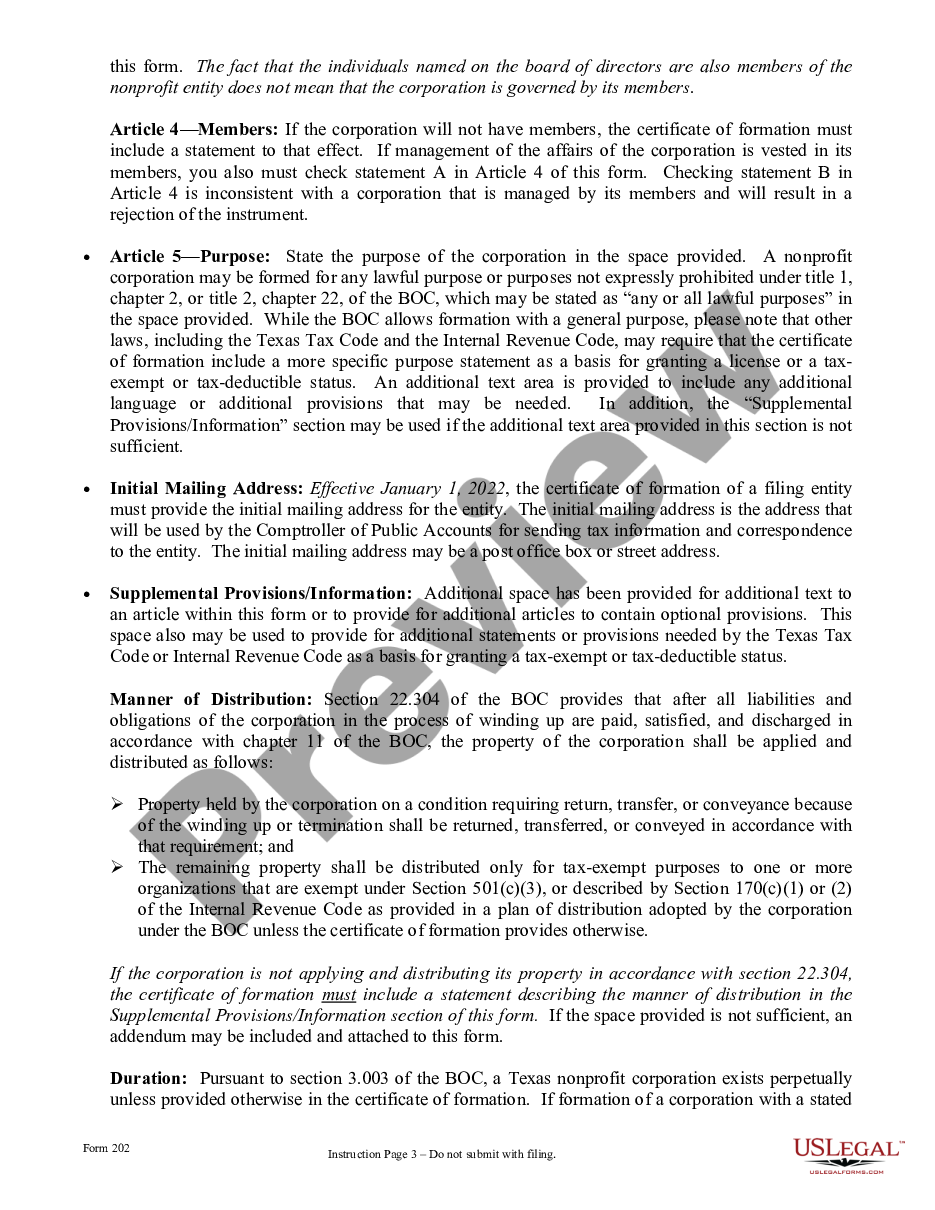 page 2 Texas Articles of Incorporation for Domestic Nonprofit Corporation preview