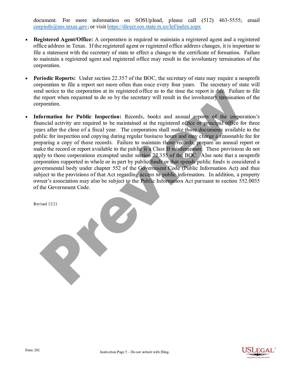 page 4 Texas Articles of Incorporation for Domestic Nonprofit Corporation preview