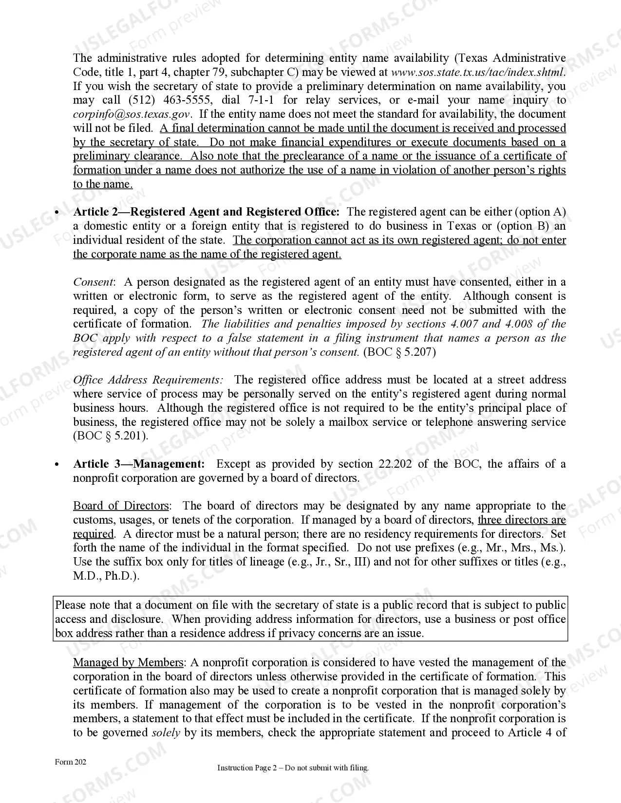 Preview Texas Articles of Incorporation for Domestic Nonprofit Corporation