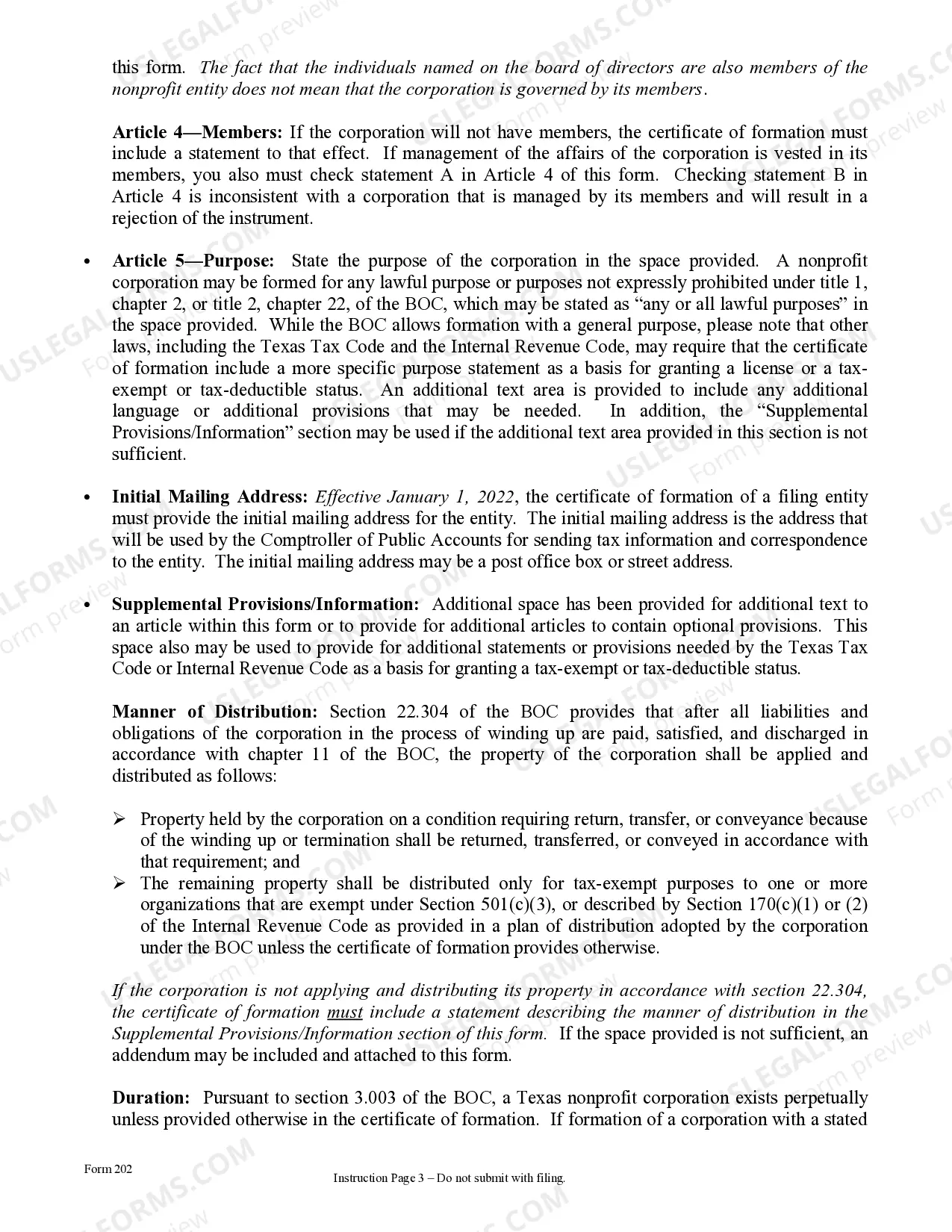 Preview Texas Articles of Incorporation for Domestic Nonprofit Corporation