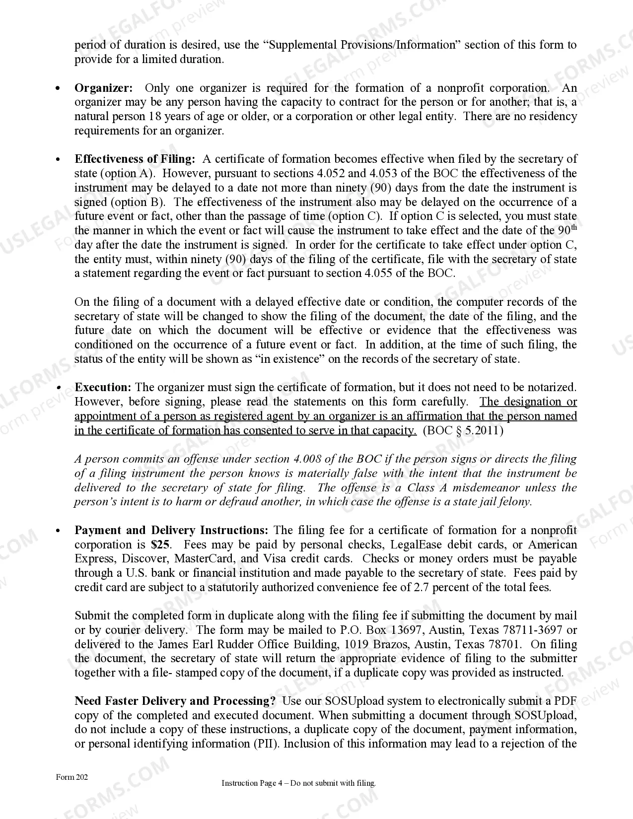Preview Texas Articles of Incorporation for Domestic Nonprofit Corporation