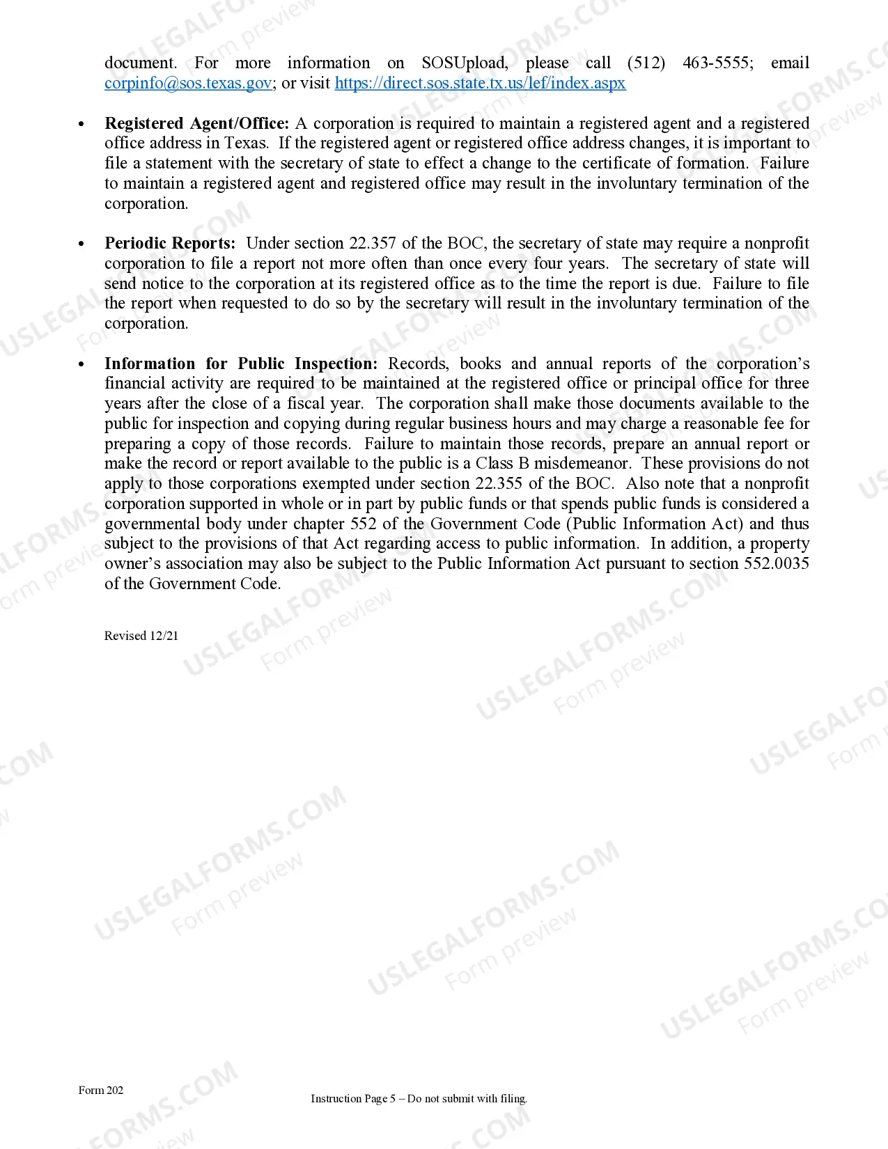 Preview Texas Articles of Incorporation for Domestic Nonprofit Corporation