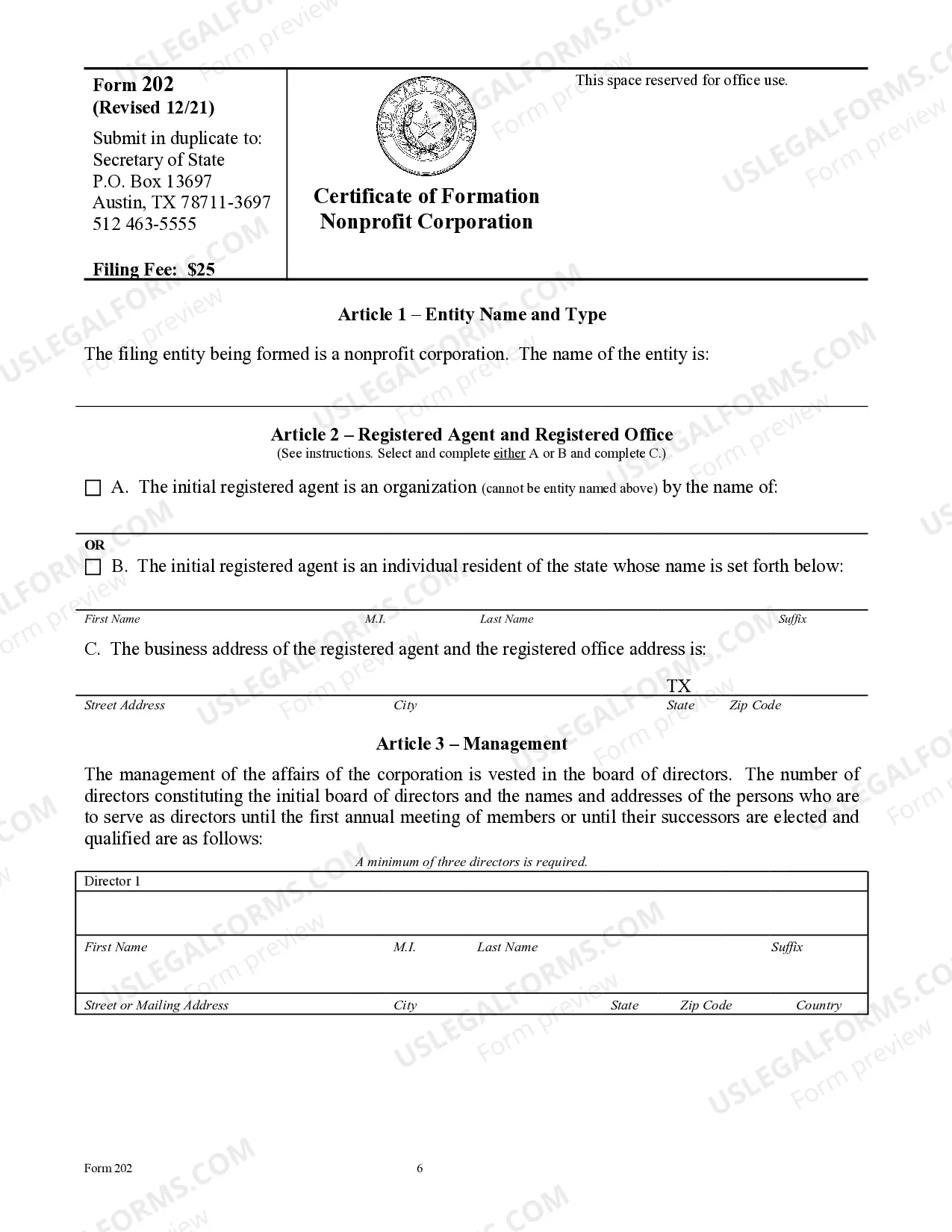 Preview Texas Articles of Incorporation for Domestic Nonprofit Corporation