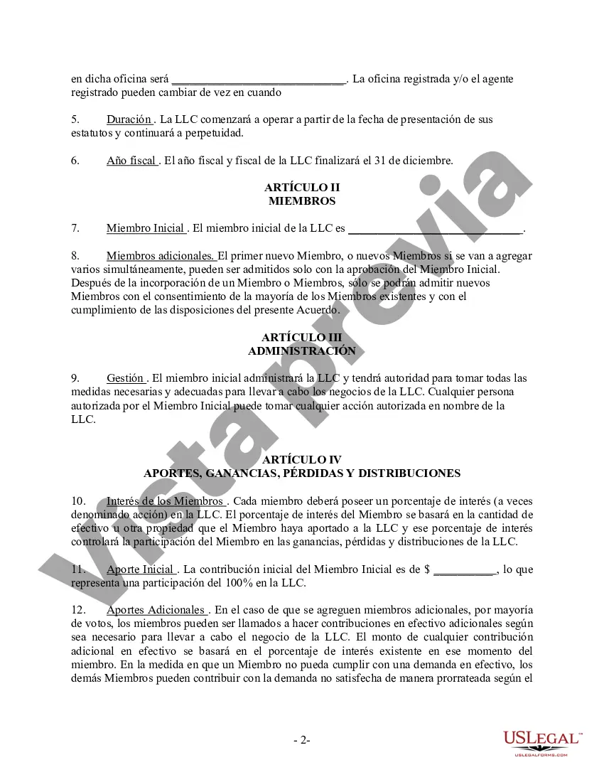 Preview Acuerdo de empresa LLC de responsabilidad limitada de un solo miembro