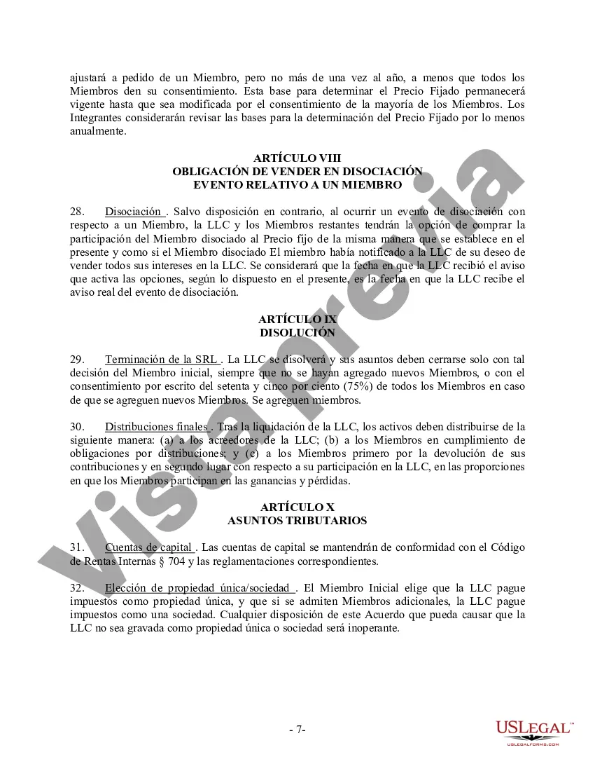 Preview Acuerdo de empresa LLC de responsabilidad limitada de un solo miembro
