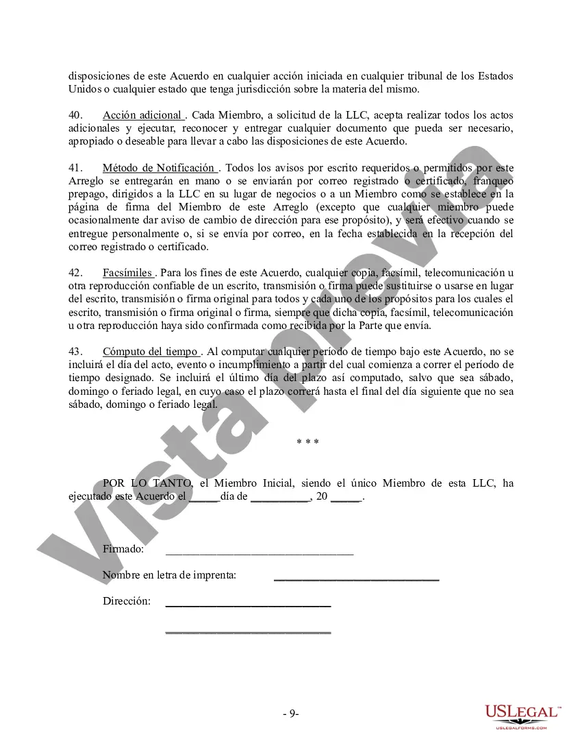 Preview Acuerdo de empresa LLC de responsabilidad limitada de un solo miembro