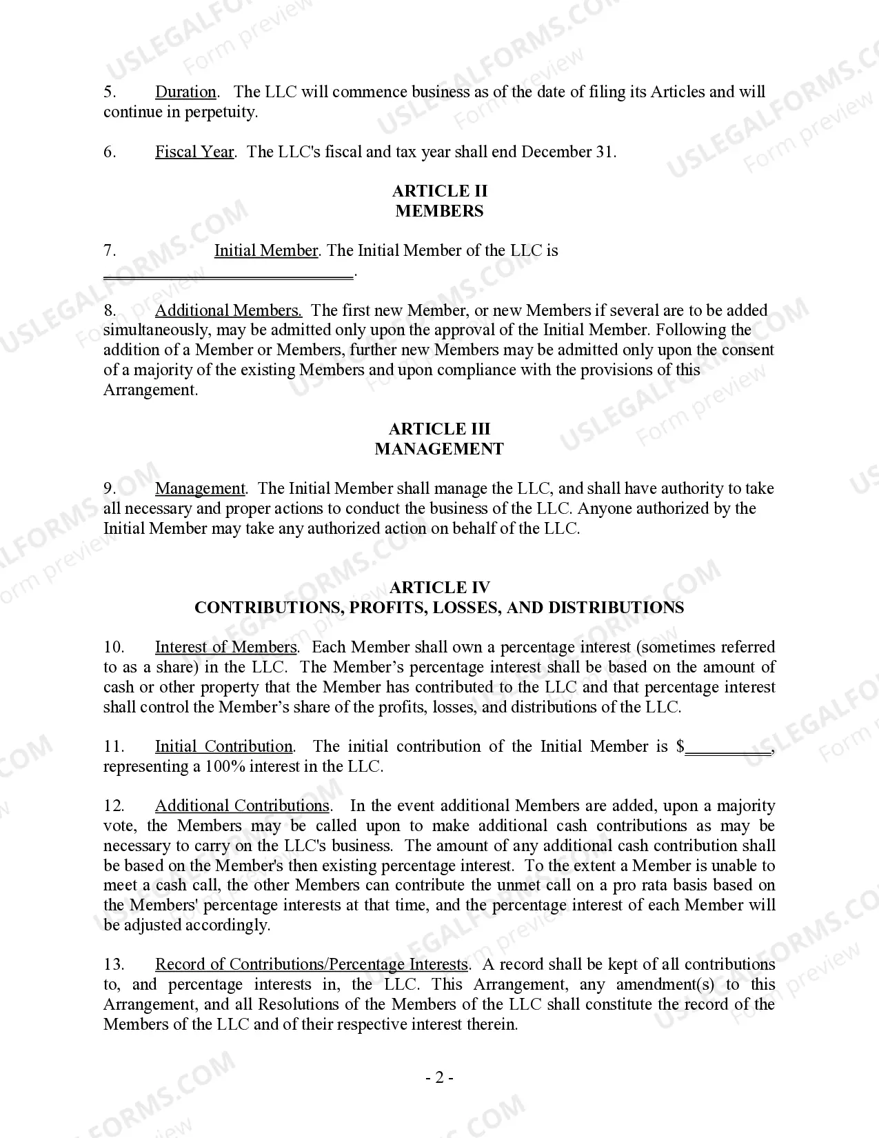 Preview Single Member Limited Liability Company LLC Company Agreement
