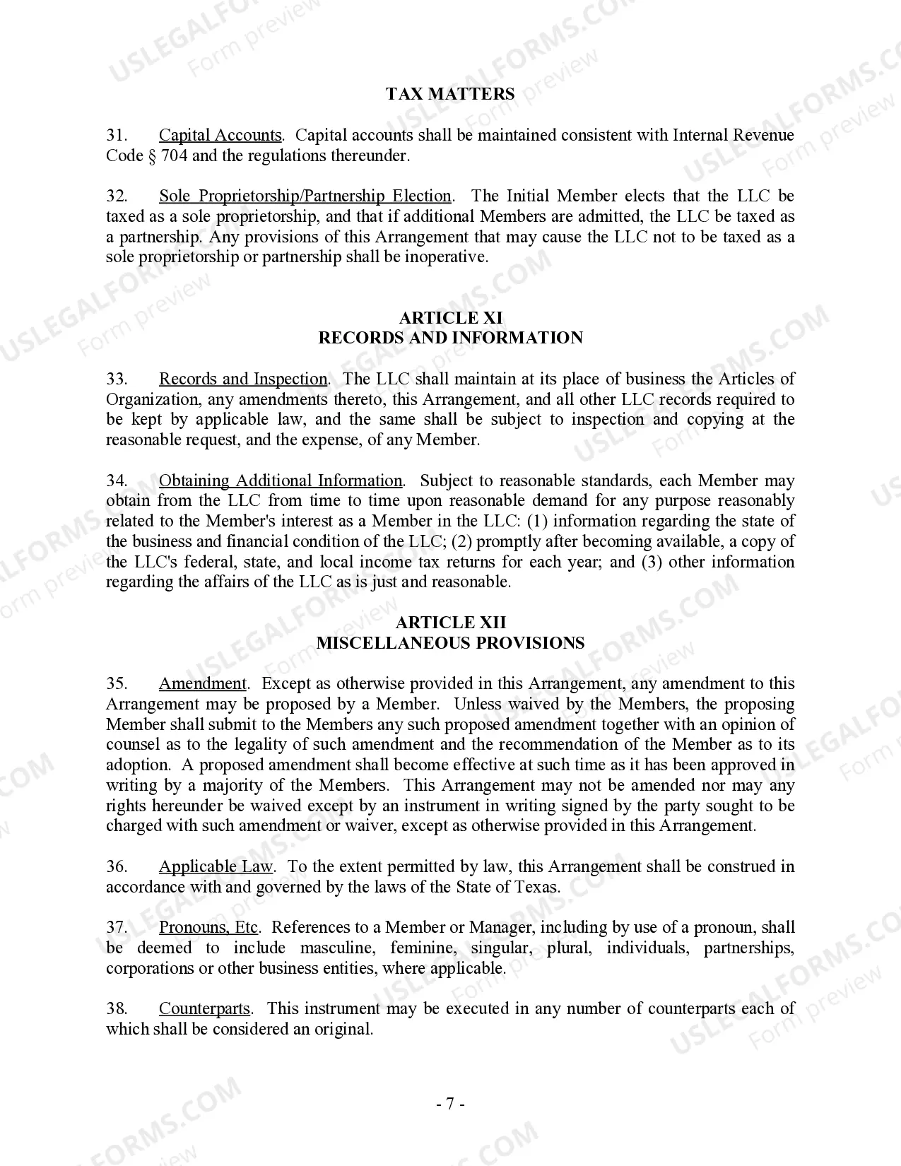 Preview Single Member Limited Liability Company LLC Company Agreement