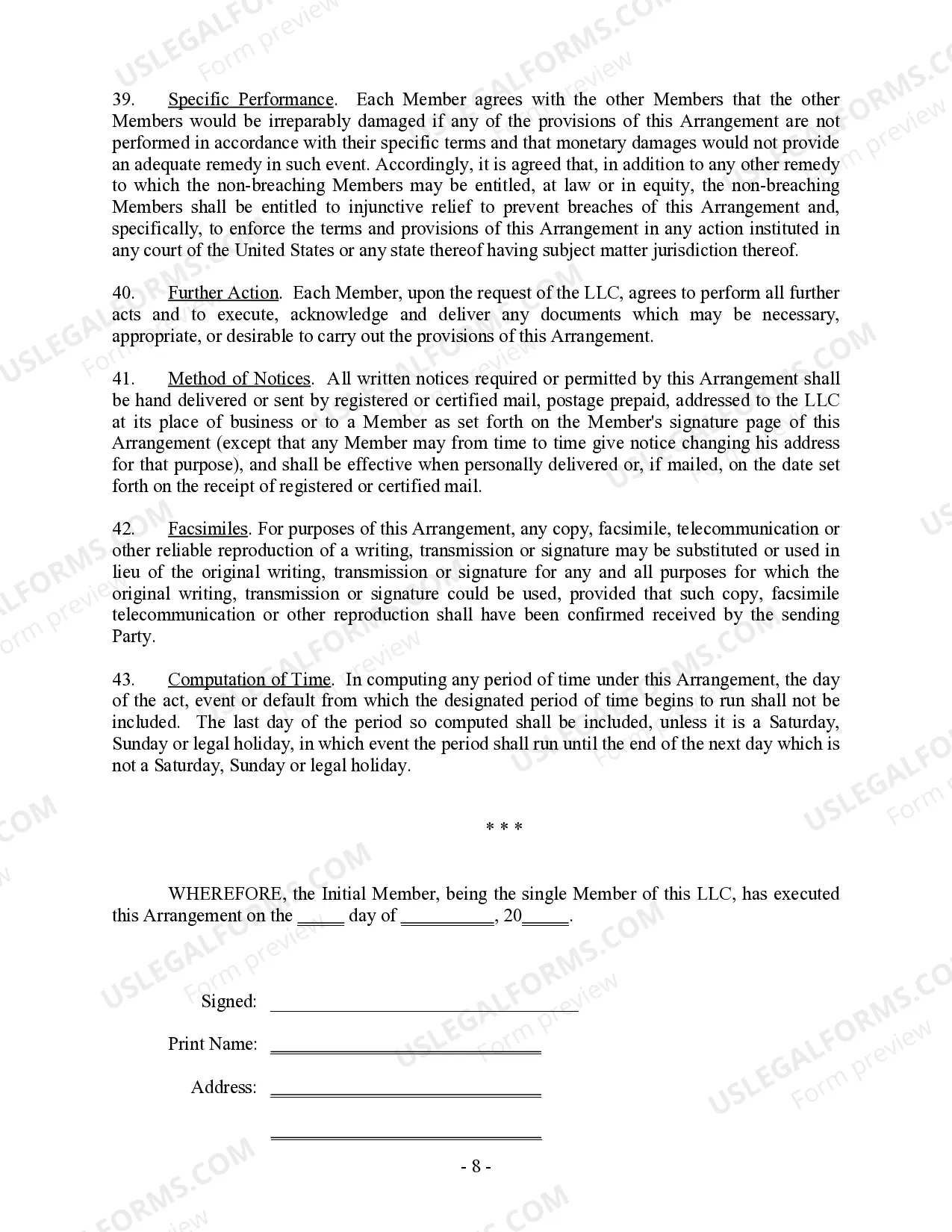 Preview Single Member Limited Liability Company LLC Company Agreement