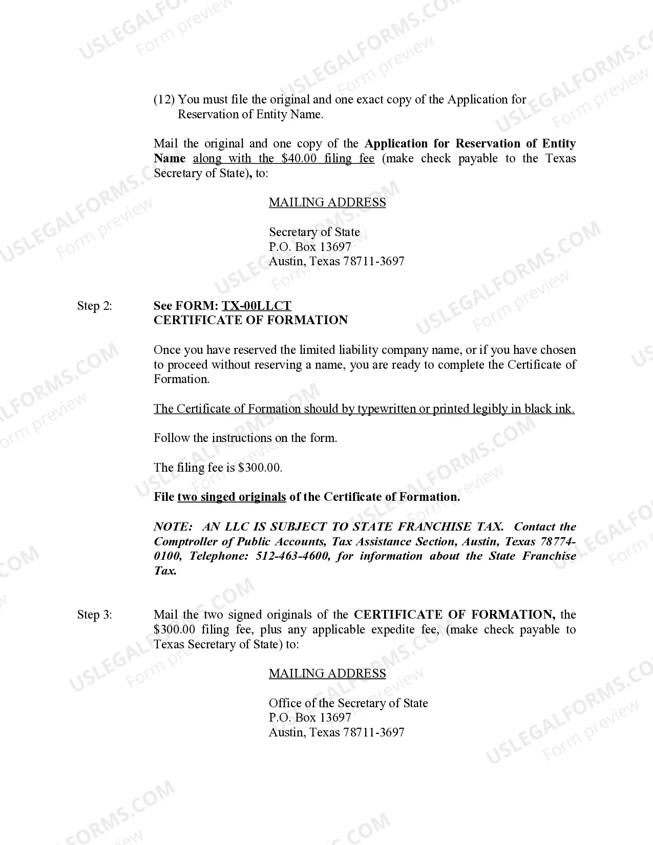 Preview Texas Limited Liability Company LLC Formation Package