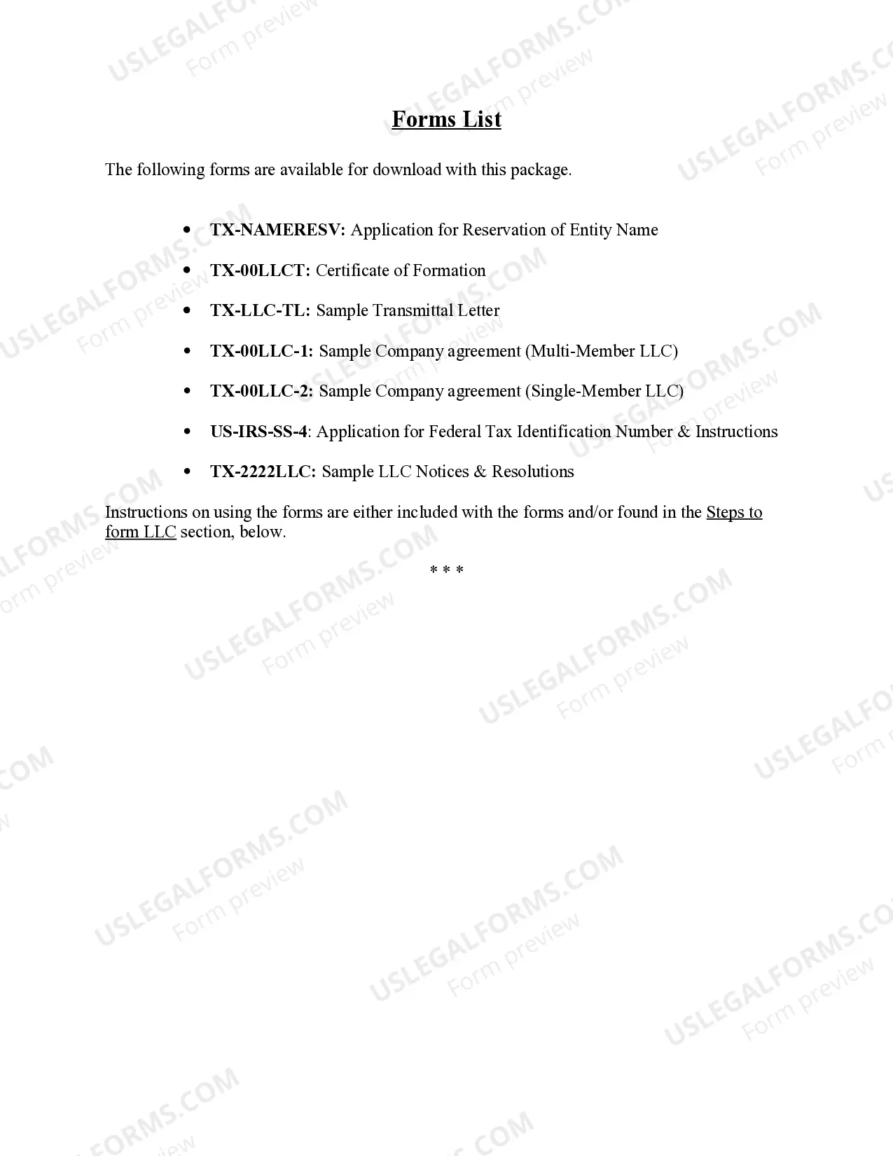 Preview Texas Limited Liability Company LLC Formation Package