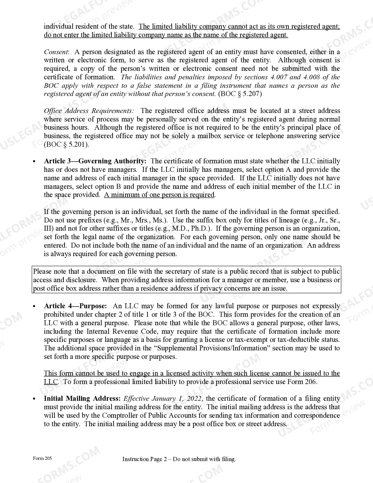 Preview Texas Articles of Organization for Domestic Limited Liability Company LLC
