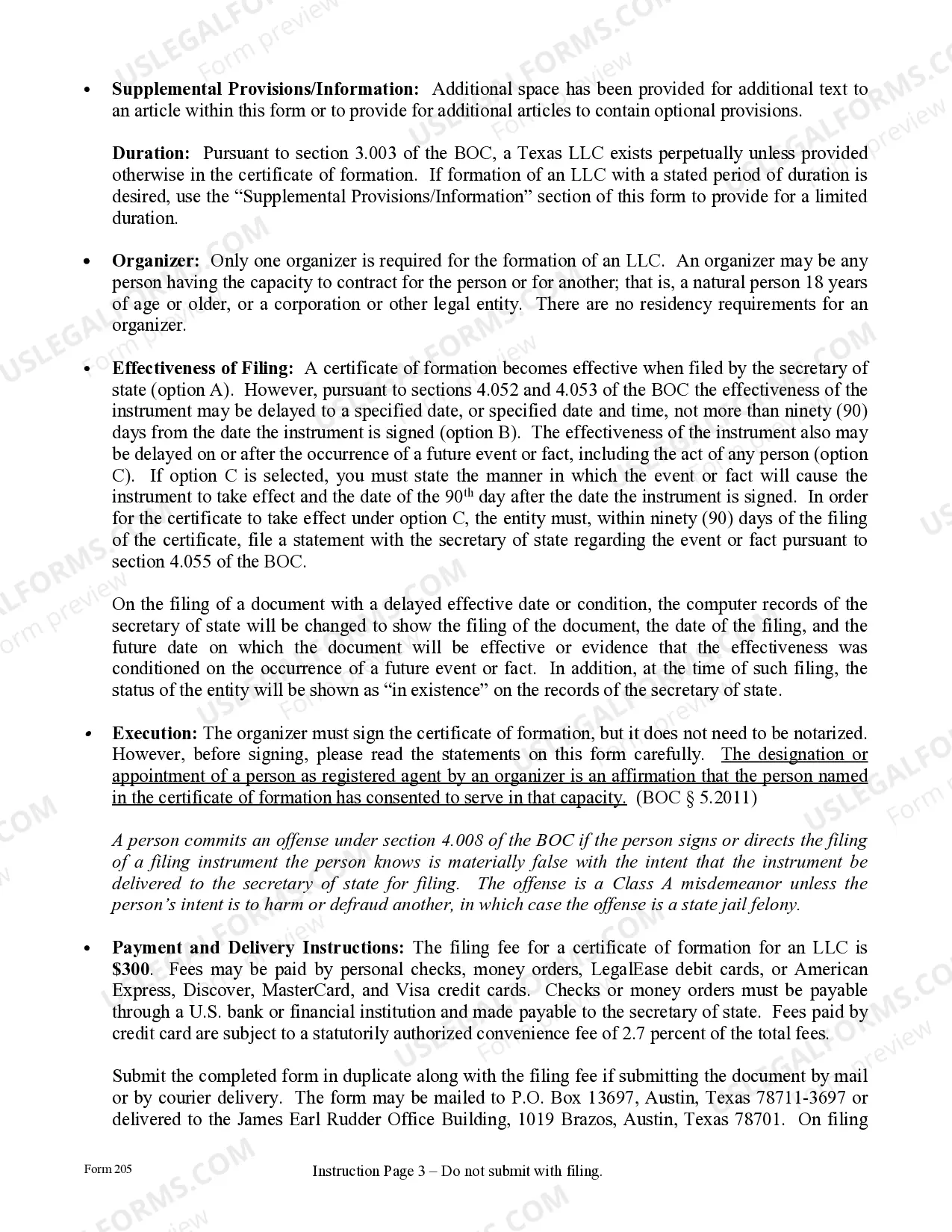 Preview Texas Articles of Organization for Domestic Limited Liability Company LLC