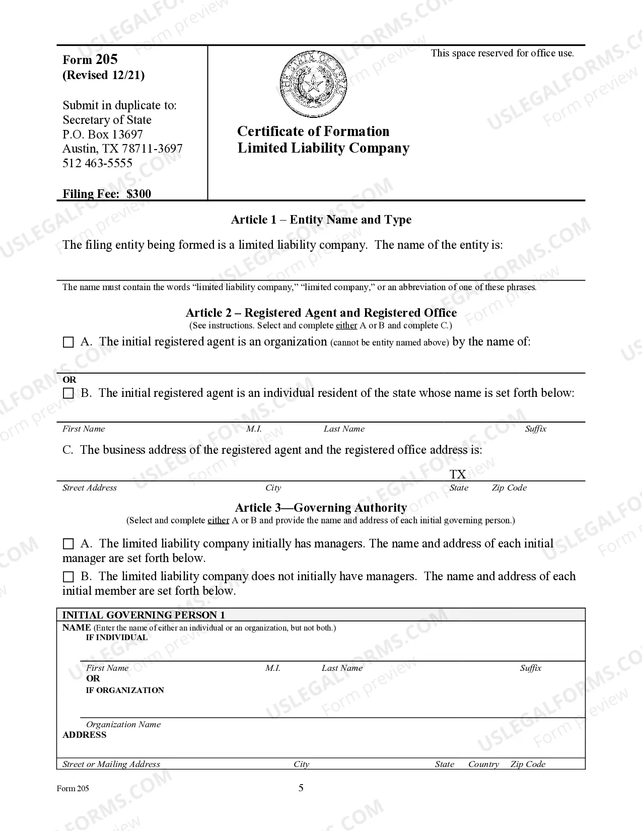 Preview Texas Articles of Organization for Domestic Limited Liability Company LLC