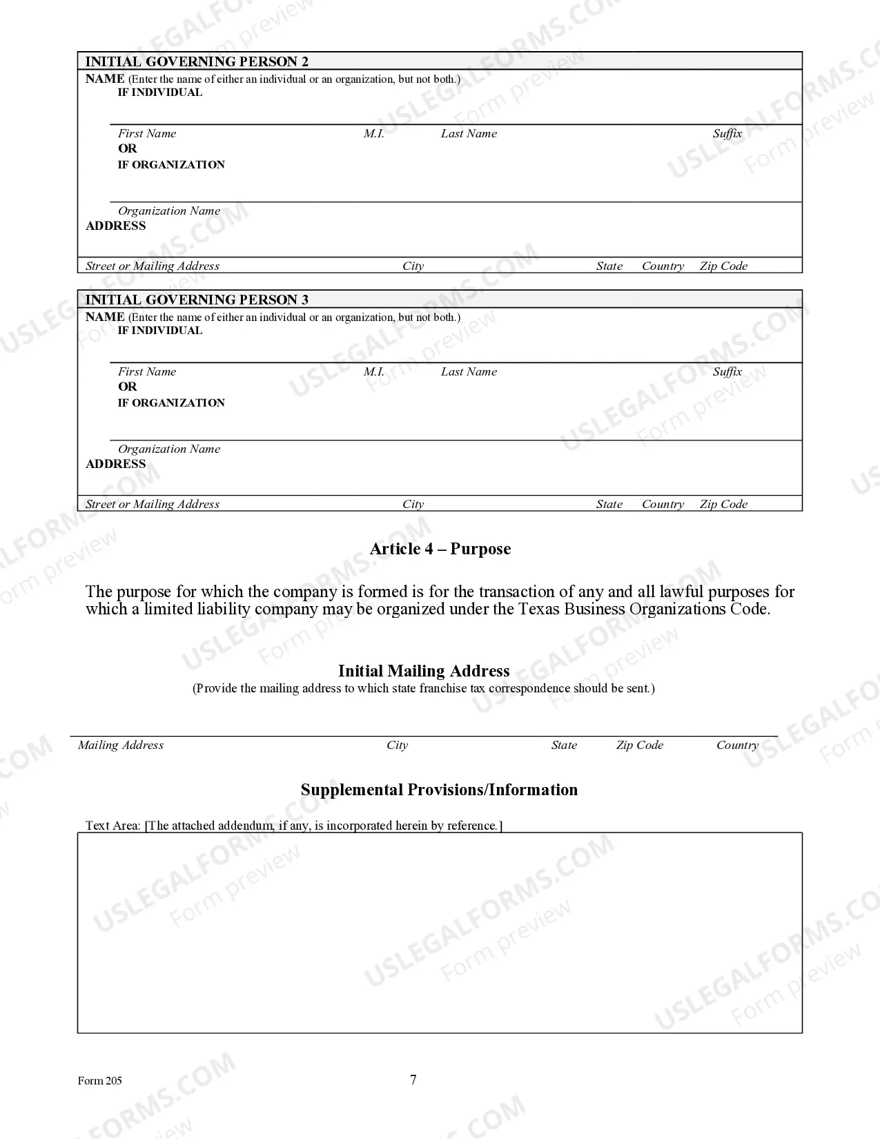 Preview Texas Articles of Organization for Domestic Limited Liability Company LLC