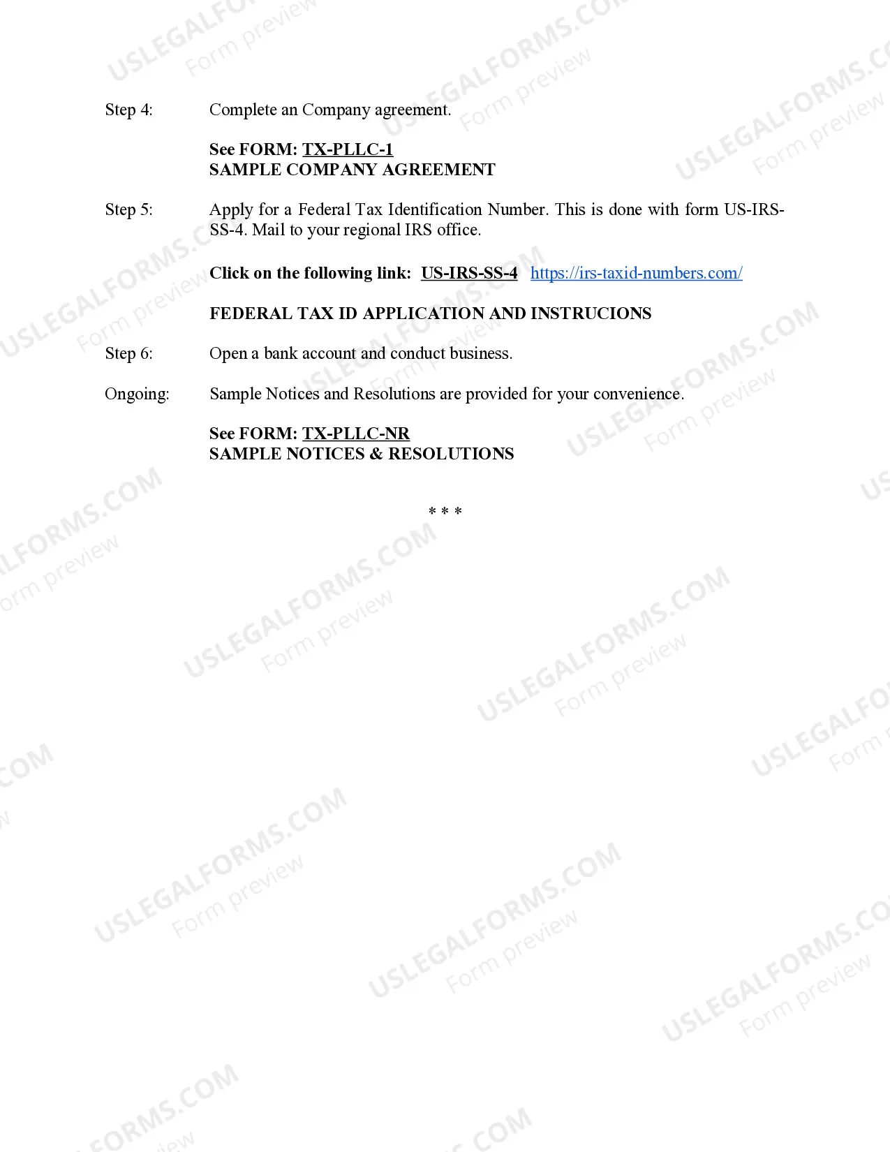 Preview Texas Professional Limited Liability Company PLLC Formation Package